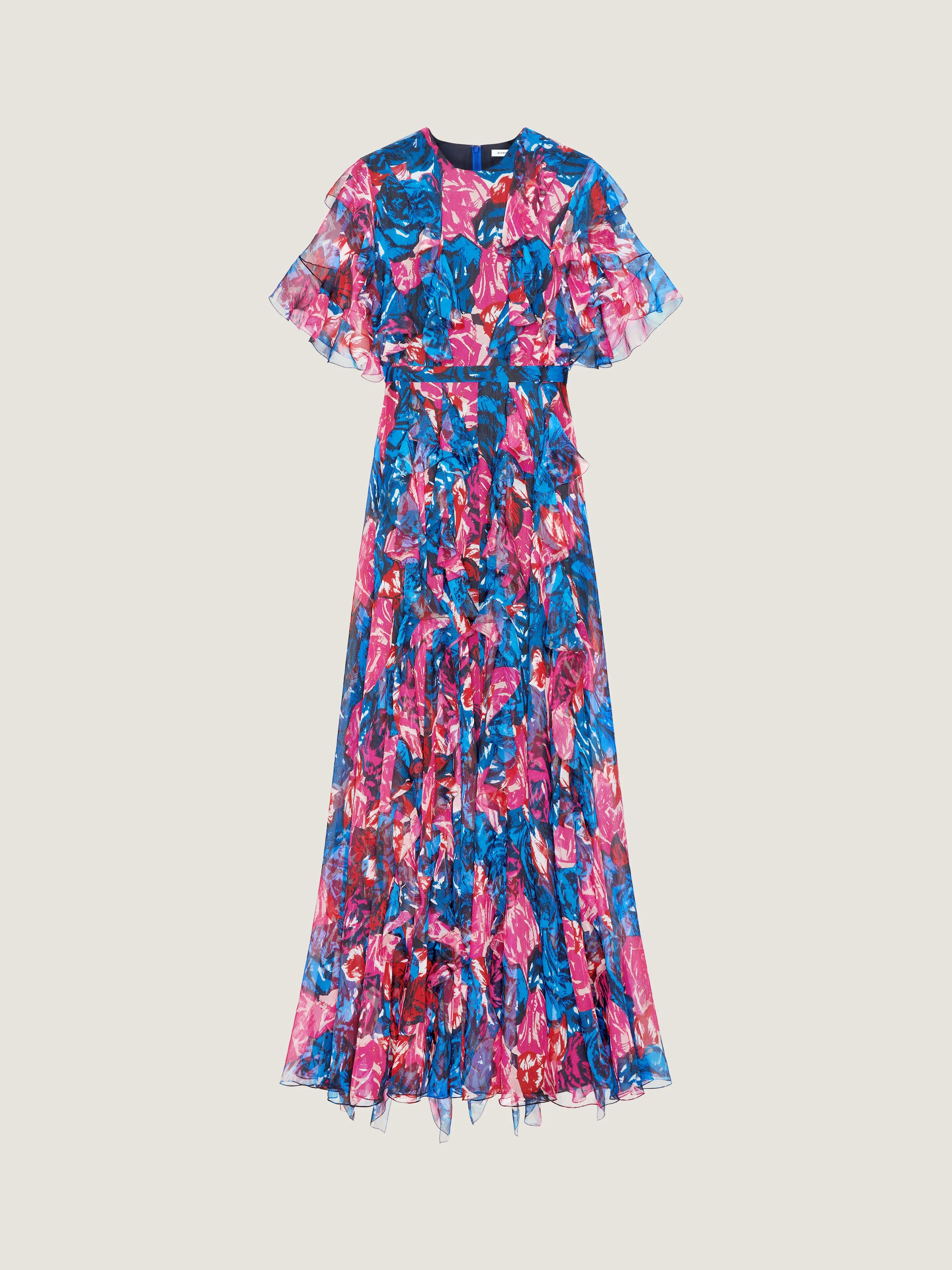 LONG RUFFLED DRESS IN SILK CHIFFON WITH FLORAL PRINT - 1