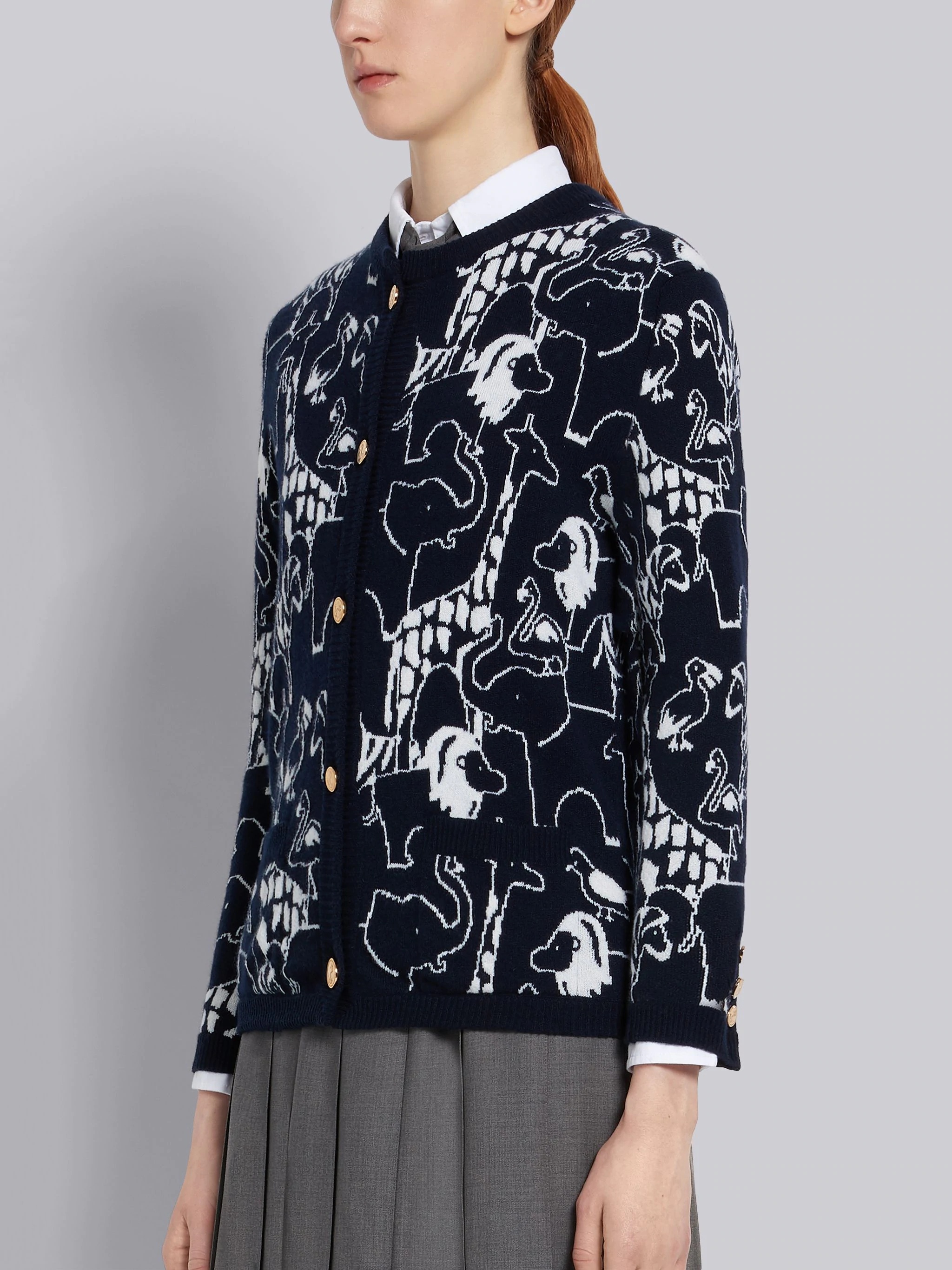 Navy Cashmere Animal Icon Intarsia Crewneck Cardigan - 2