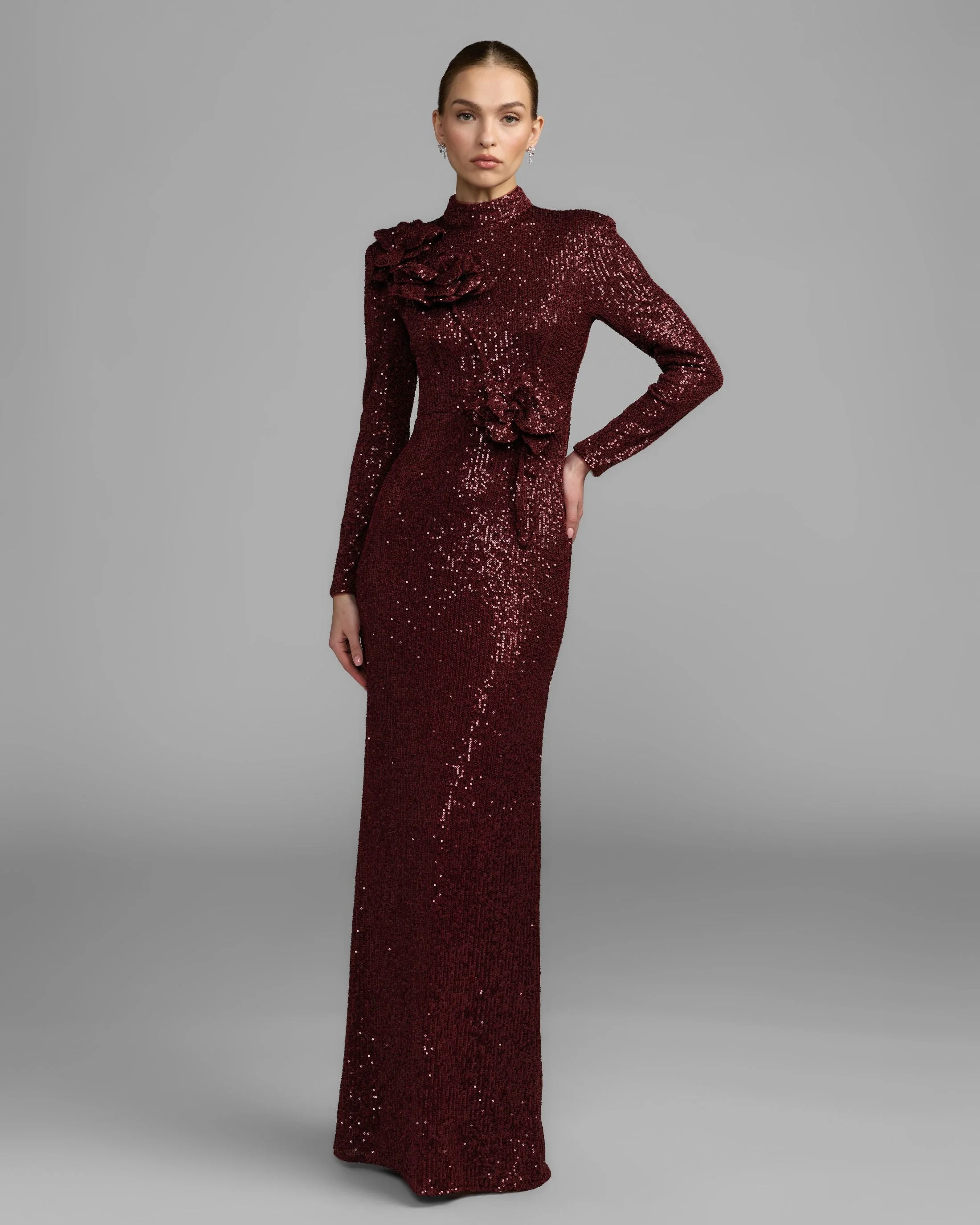 Burgundy Long Sleeve Sequin Gown With Flowers - 1