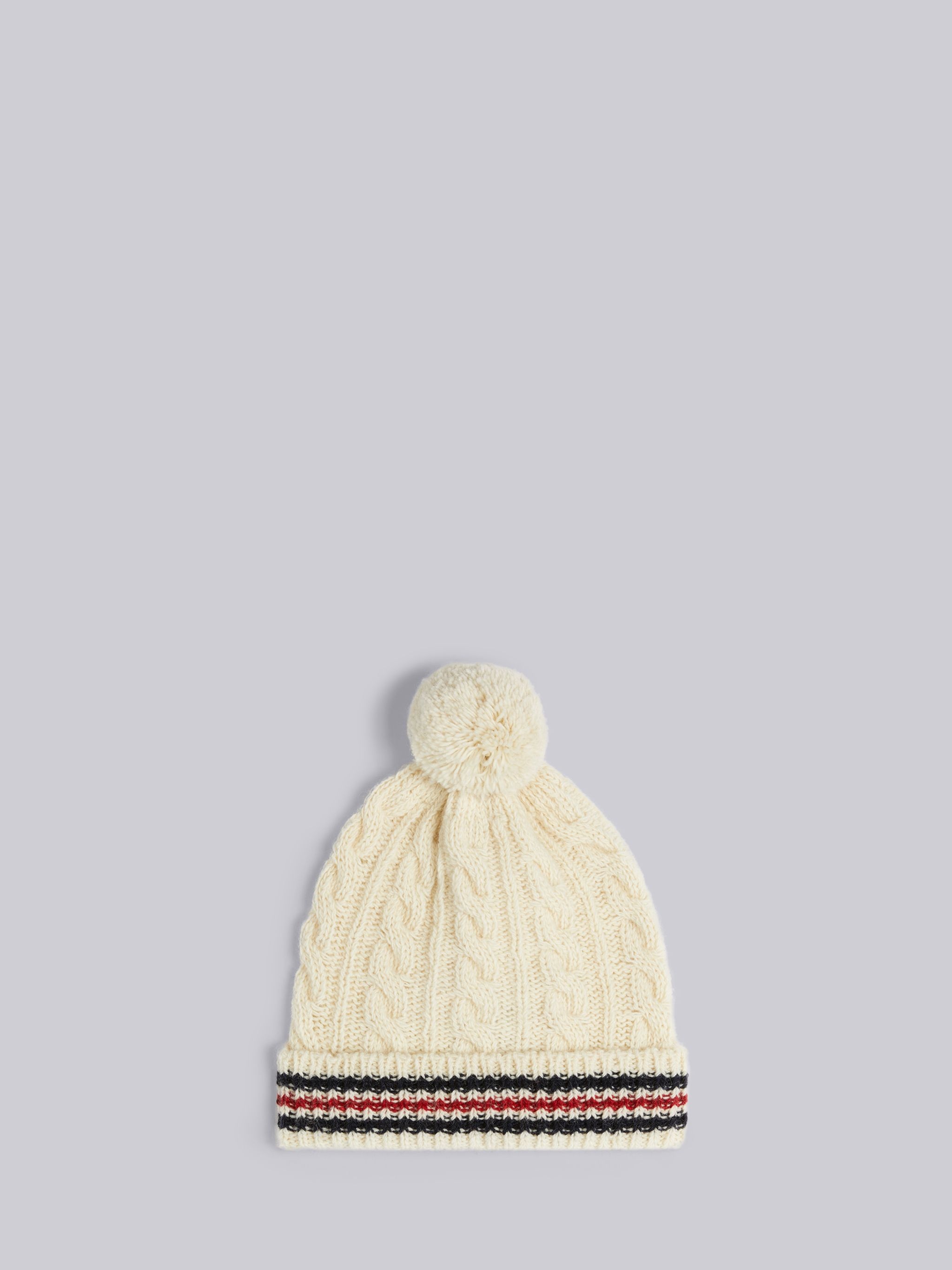 White Baby Cable Donegal Cricket Stripe Pom Pom Hat - 1