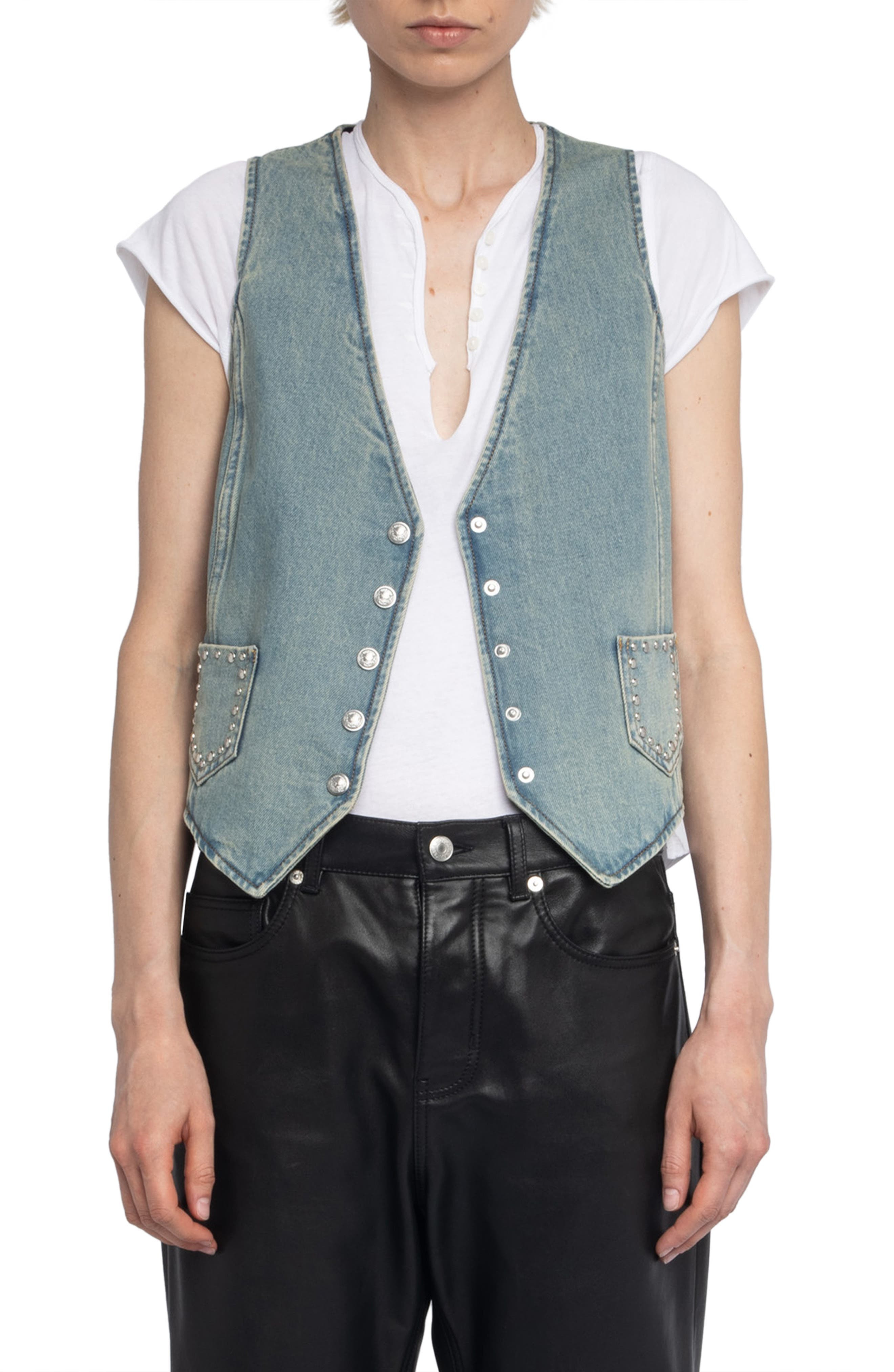 Zadig & Voltaire Stud Detail Denim Vest in Light Blue at Nordstrom - 1