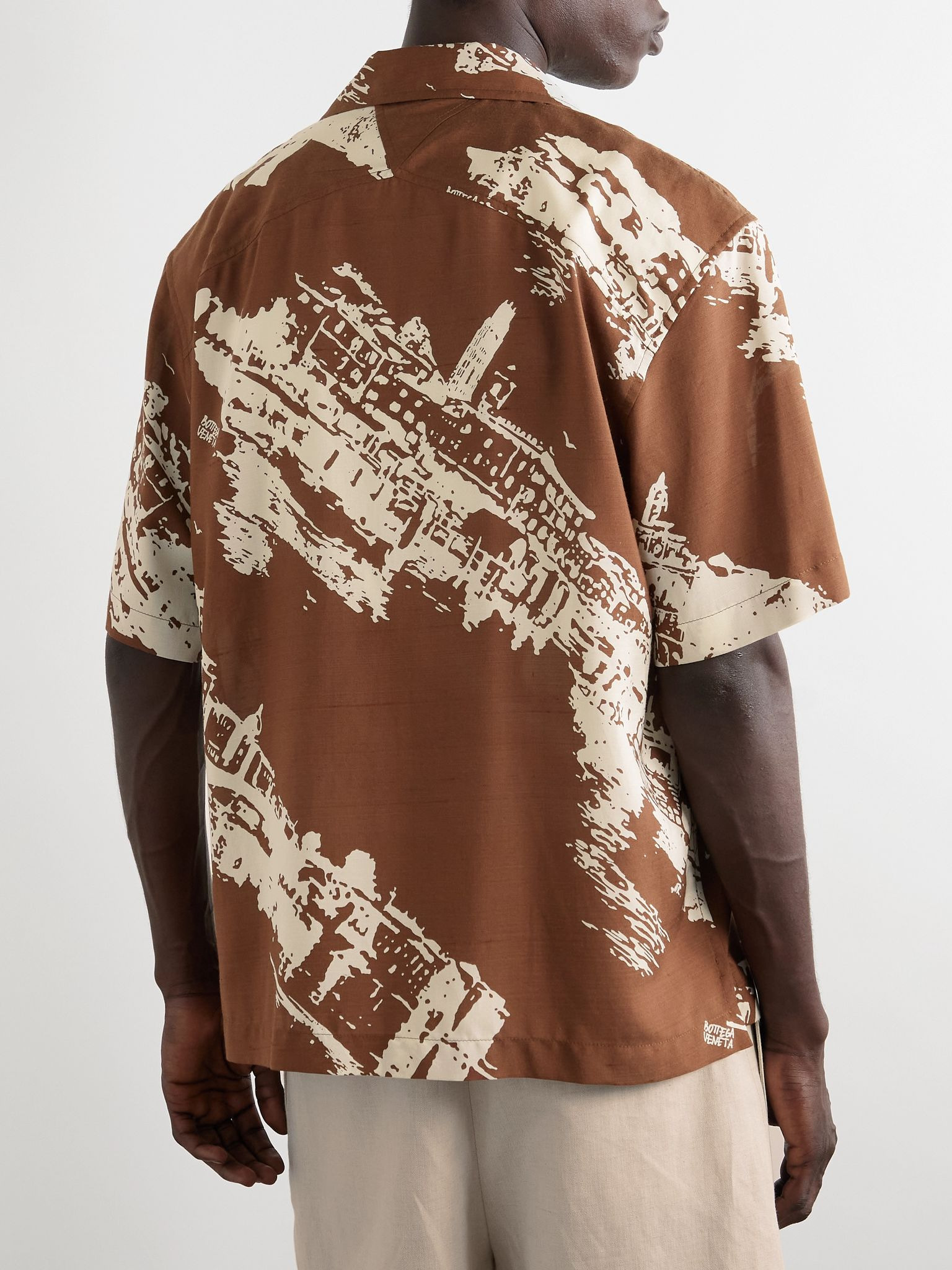 Convertible-Collar Printed Silk and Cotton-Blend Shantung Shirt Brown - 3