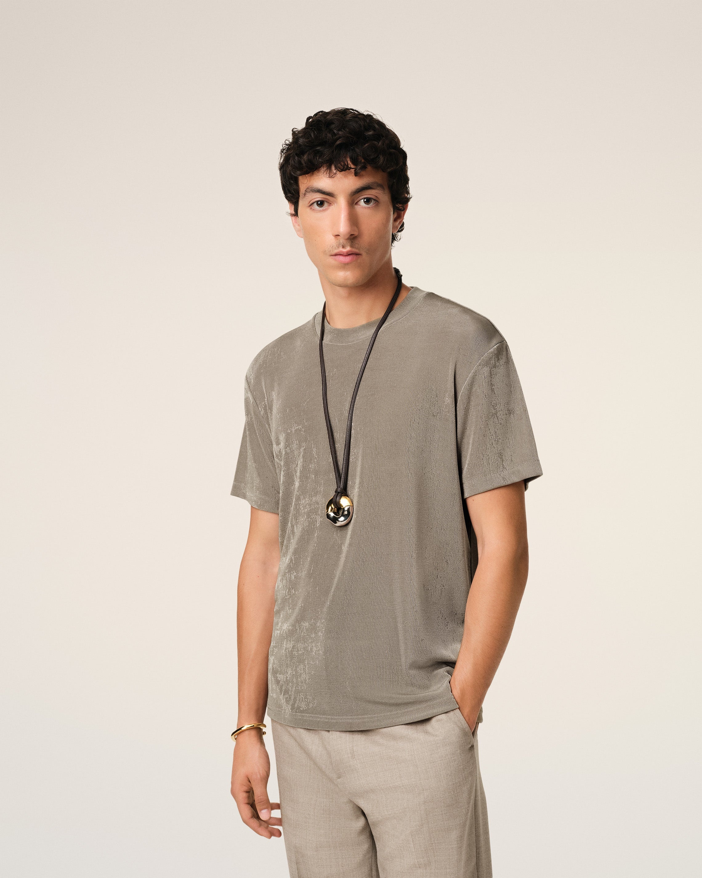 BEIGE RIB JERSEY SHORT SLEEVE T-SHIRT - 3