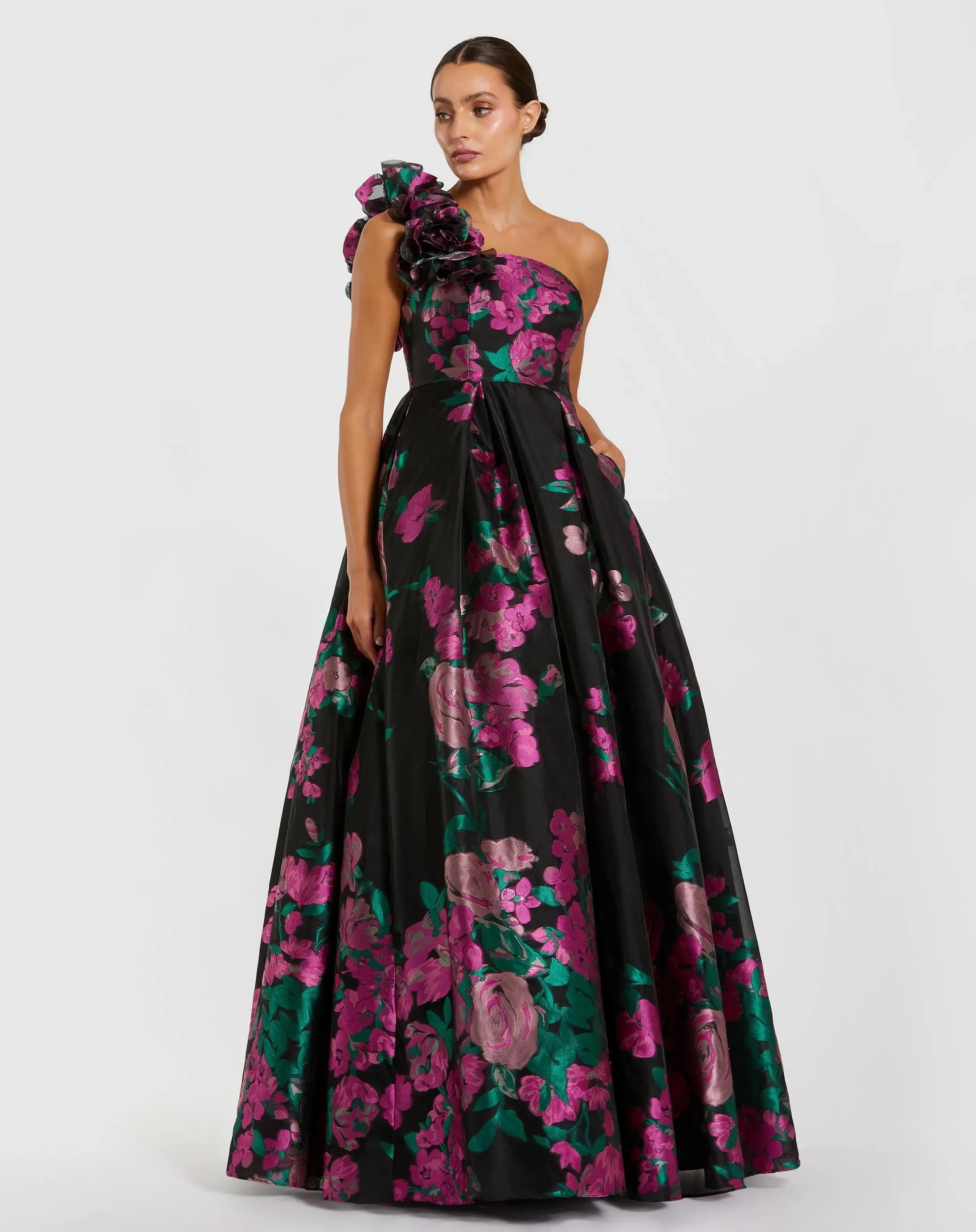 Black One Shoulder Floral Brocade Ball Gown - 1