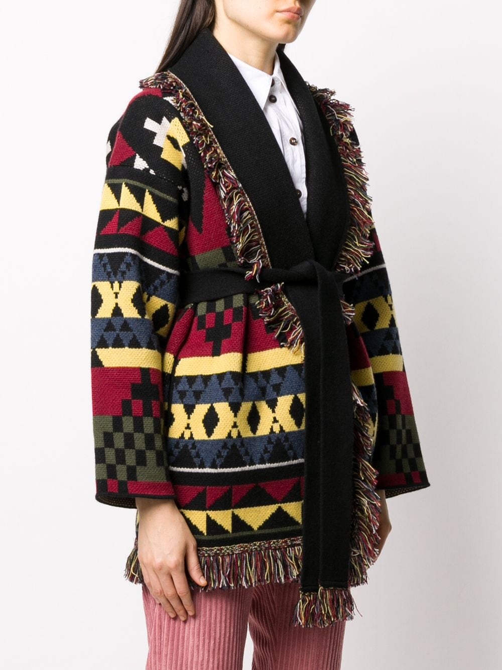 geometric-pattern fringed cardi-coat - 3