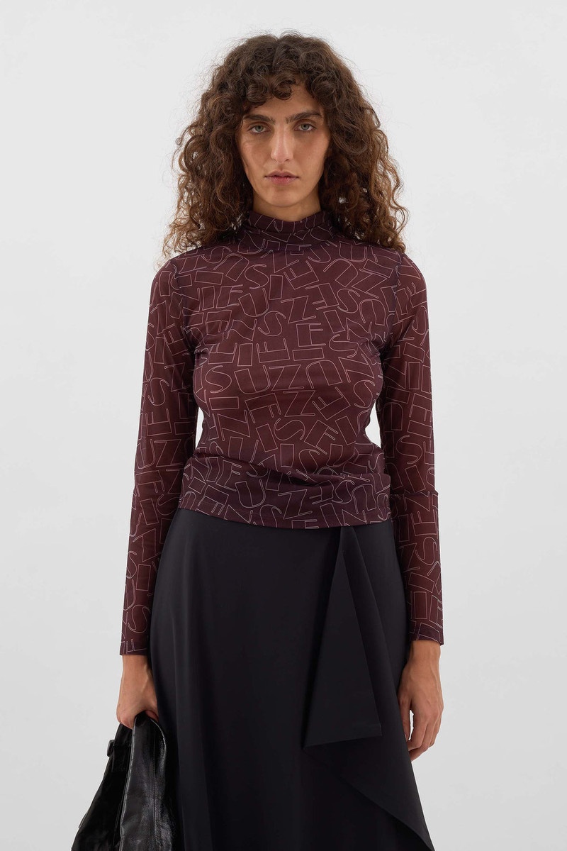 SUNNEI HIGHNECK LONGSLEEVE SHEER TOP / chocolate plum outlook