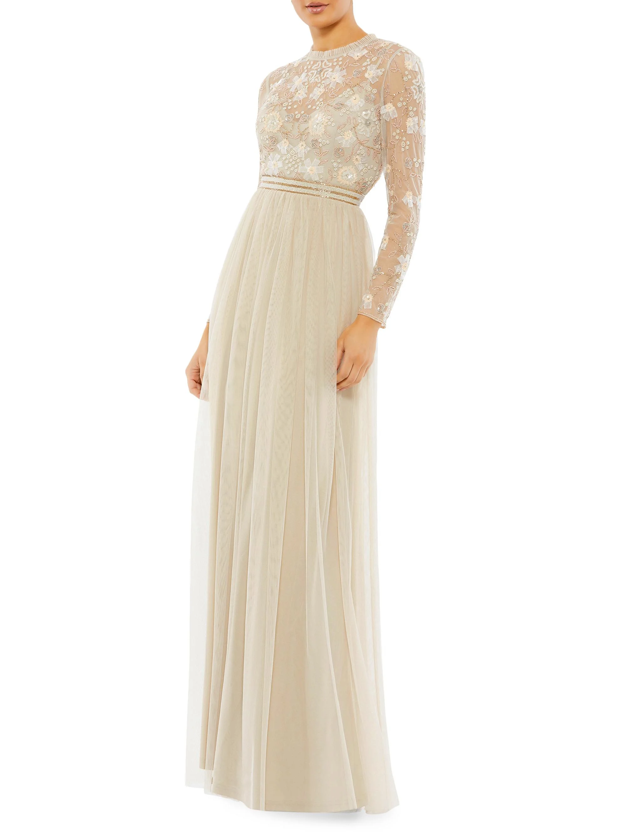 Women's Sequin-Embellished Long-Sleeve Gown - Vanilla - 1