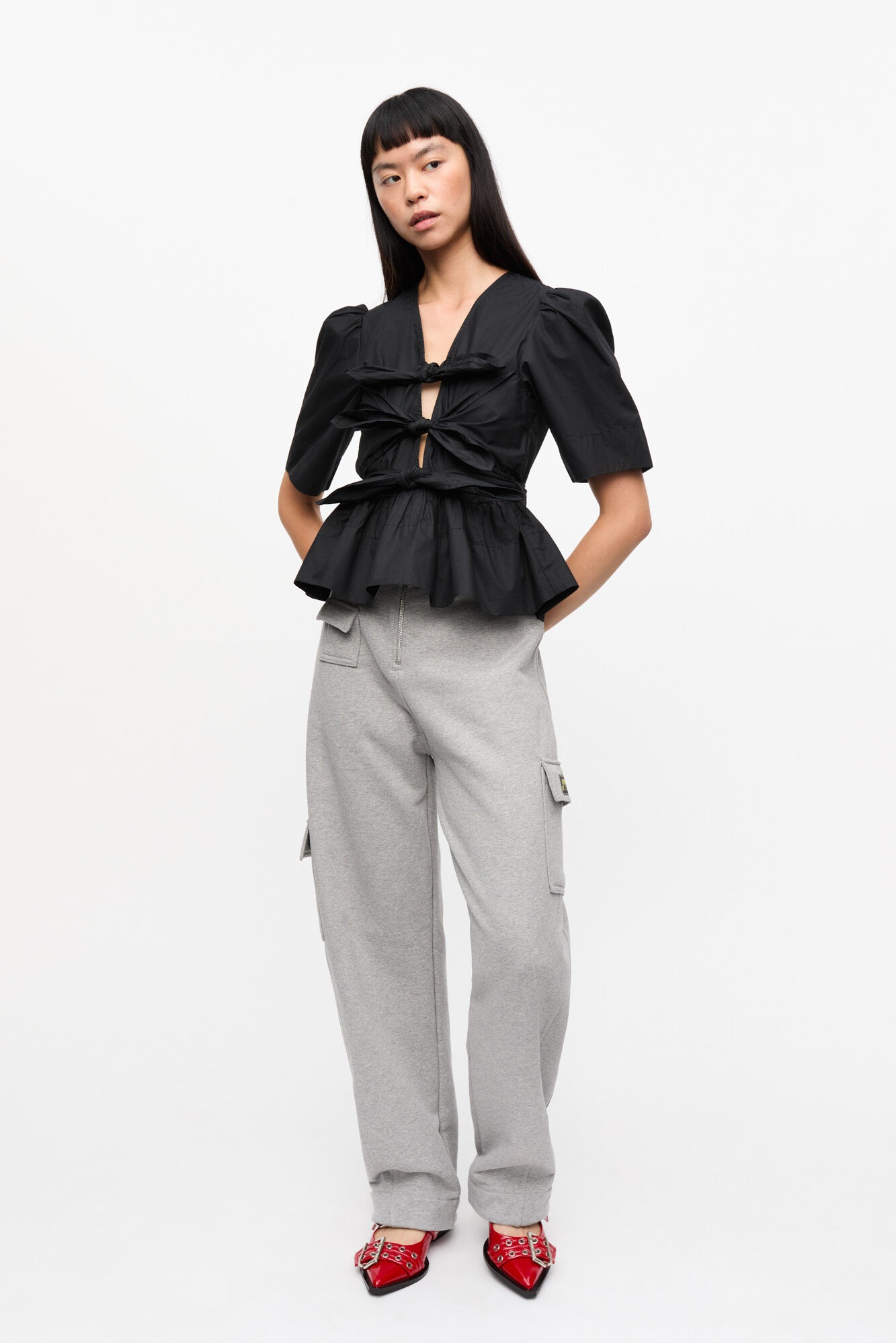 BLACK WASHED STRETCH COTTON TIE STRAP BLOUSE - 4