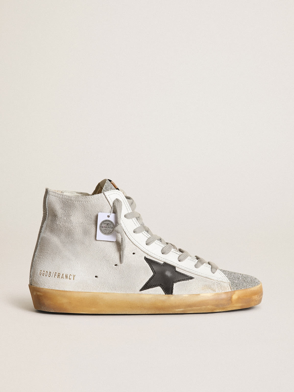 Francy sneakers in white suede with tongue in Swarovski micro-crystals and black leather star - 1