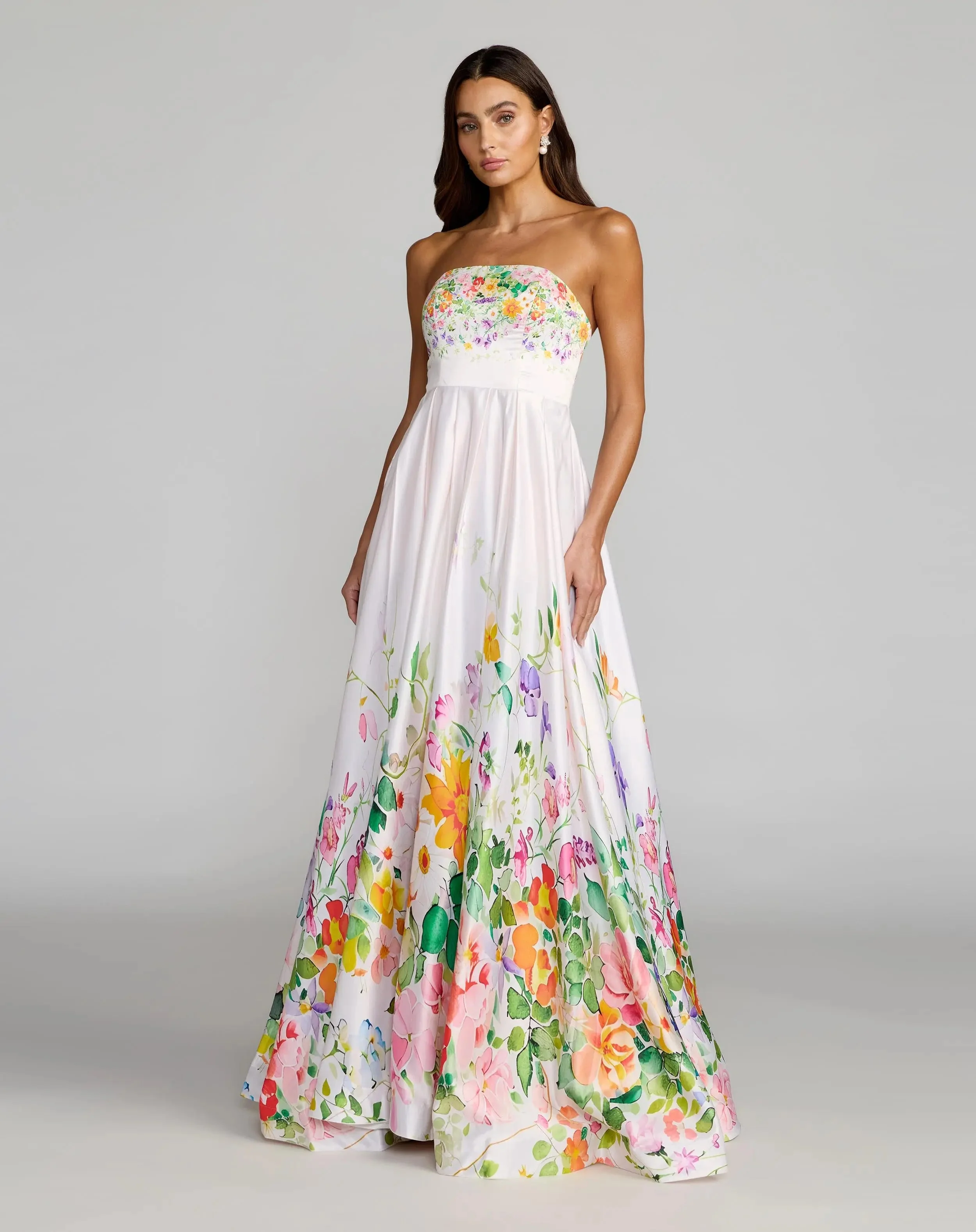 White Floral Print Strapless Satin A Line Gown With Pockets - 1