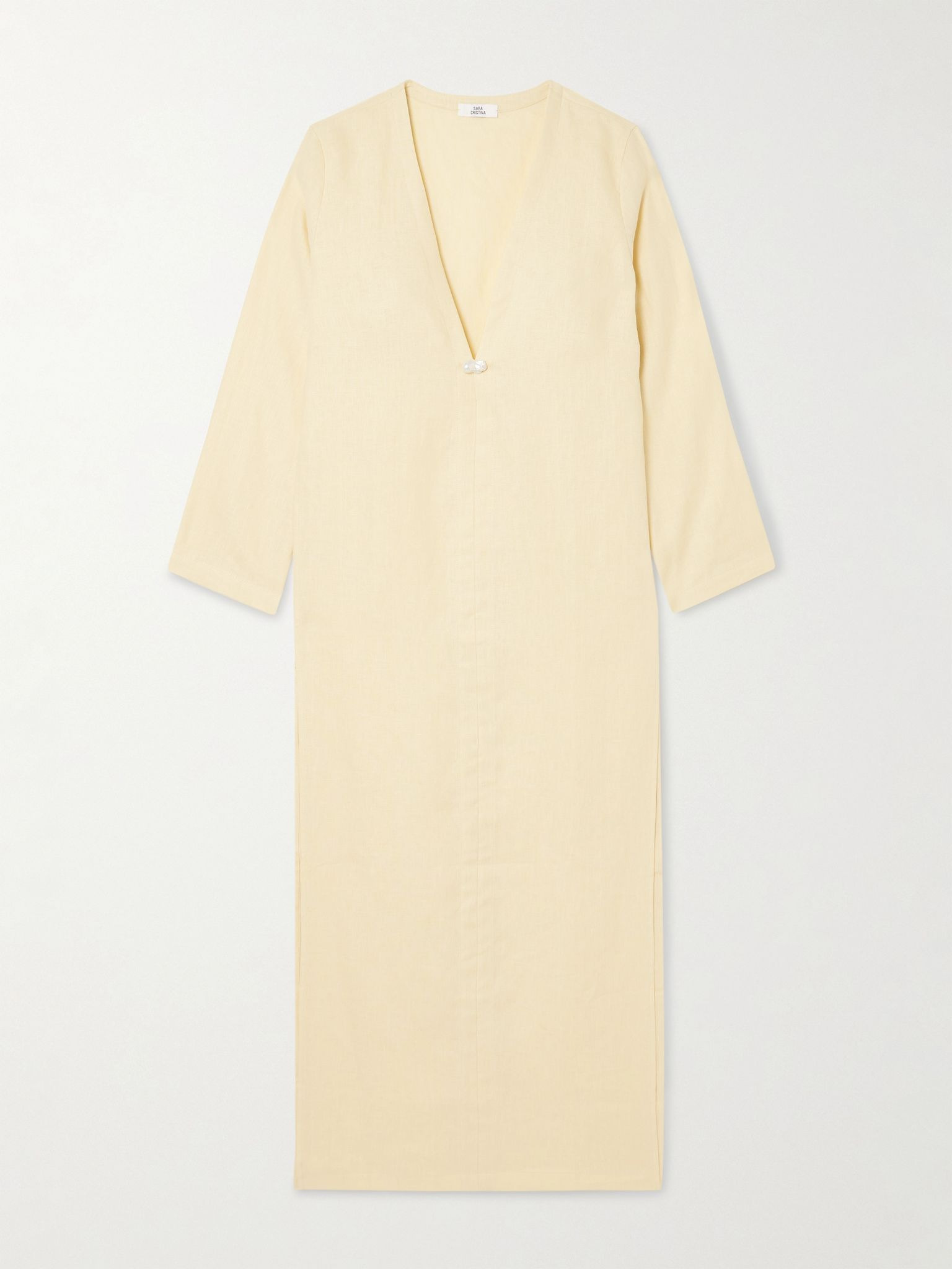 Pearl-embellished linen kaftan Cream - 1