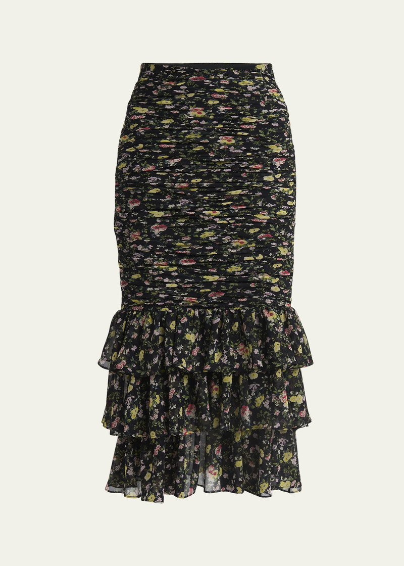 Ruched Flower Print Midi Skirt With Ruffle Hem - 1