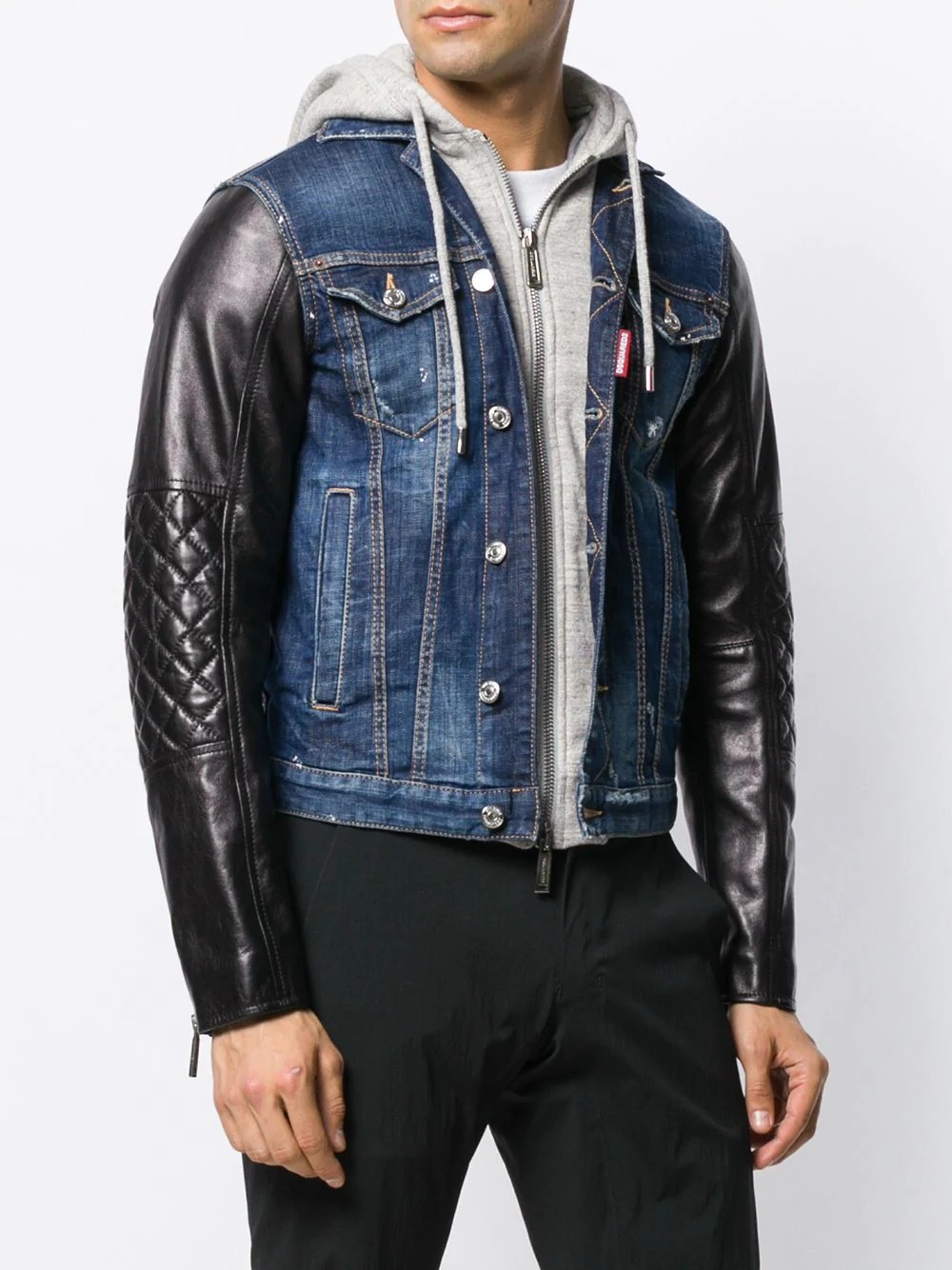 hooded material mix denim jacket - 3