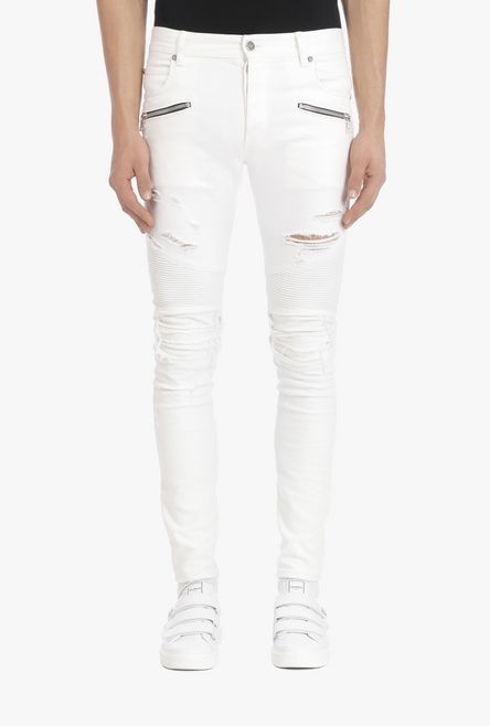 Slim-fit ripped white cotton jeans - 5