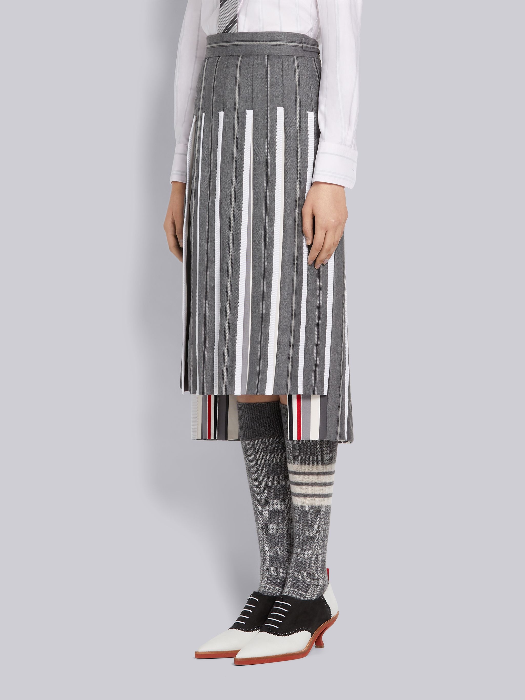 Medium Grey Alternating Stripe Wool Suiting Dropped Back Below-the-Knee Pleated Skirt With Grosgrain - 2