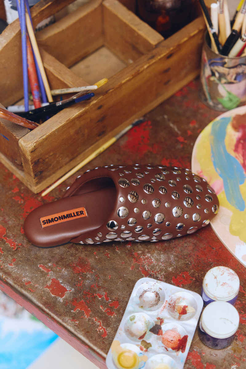 SIMONMILLER Studded Bubble Slipper in Choco Brown/Silver outlook