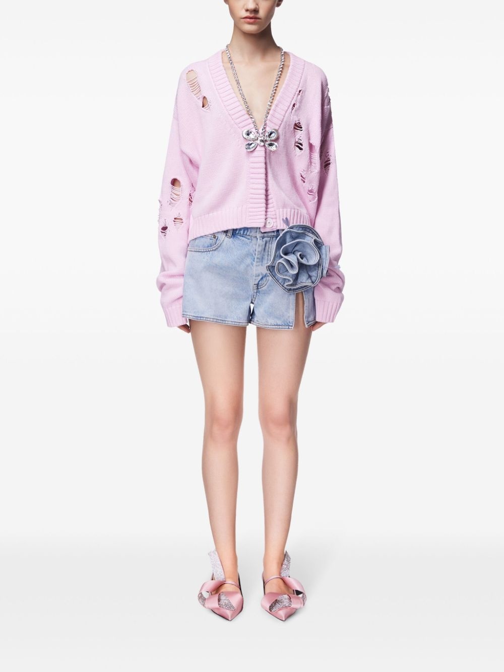floral-appliqué denim shorts - 3