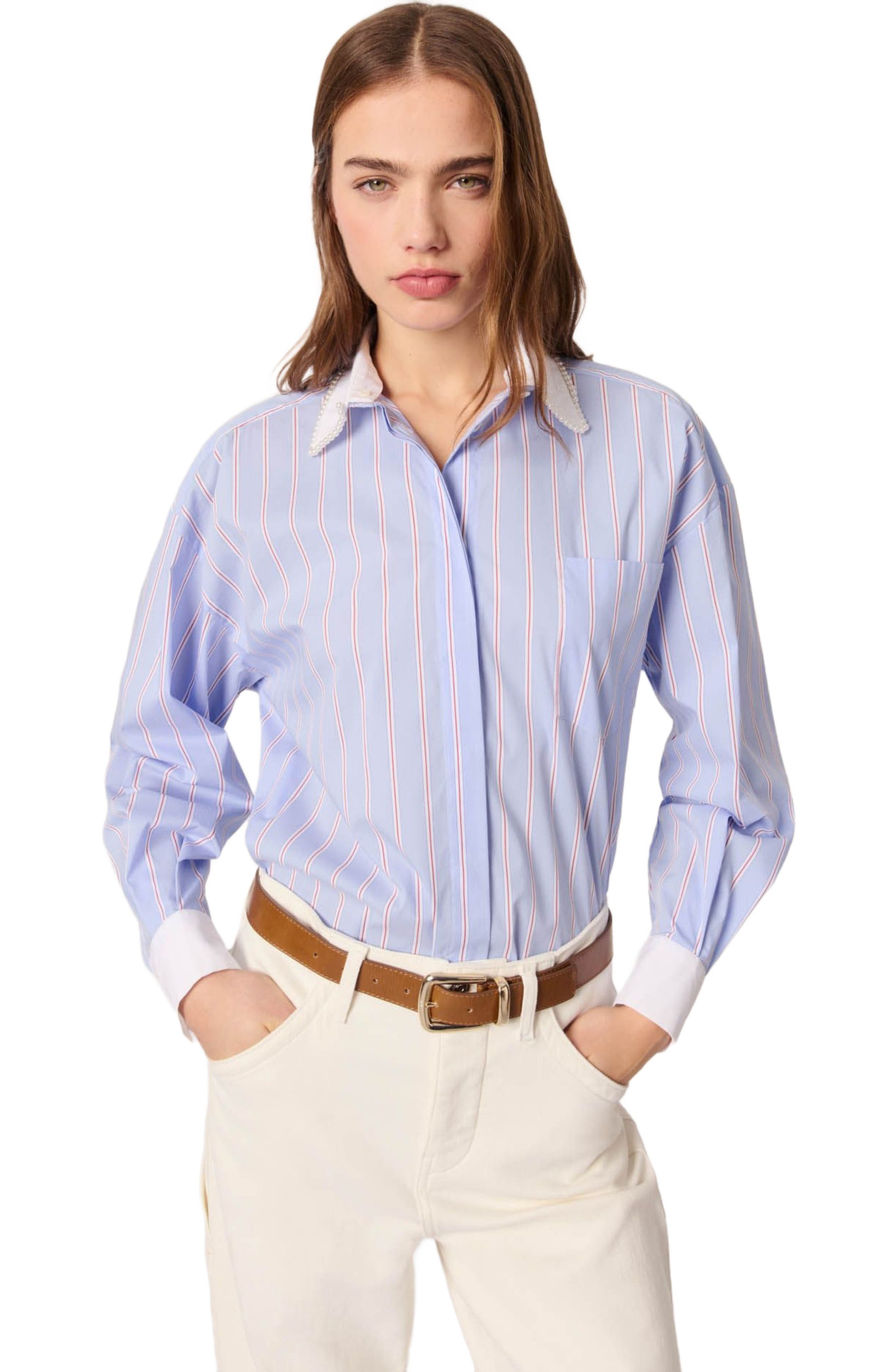 maje Striped shirt with beaded collar in Light Blue Stripes at Nordstrom - 1
