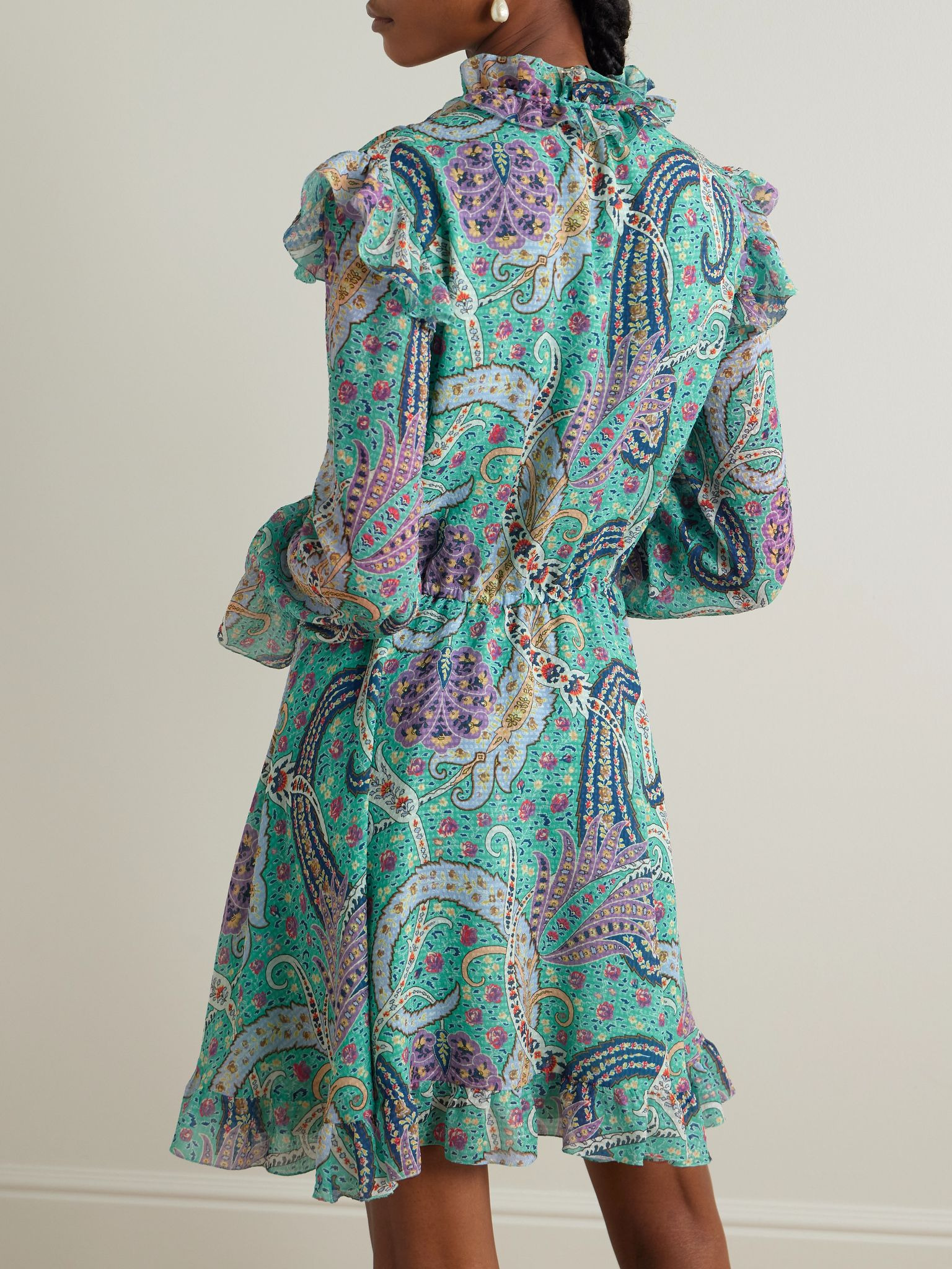 Ruffled paisley-print voile-jacquard mini dress Light blue - 3