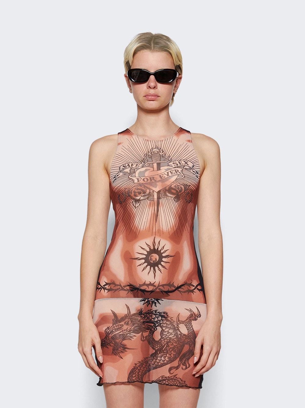 Tattoo Printed Sleeves Dress Nude And Black - 3