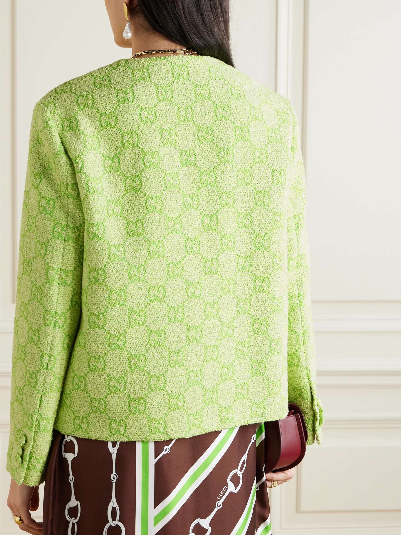 Horsebit-embellished cotton-blend bouclé-jacquard jacket Green - 4