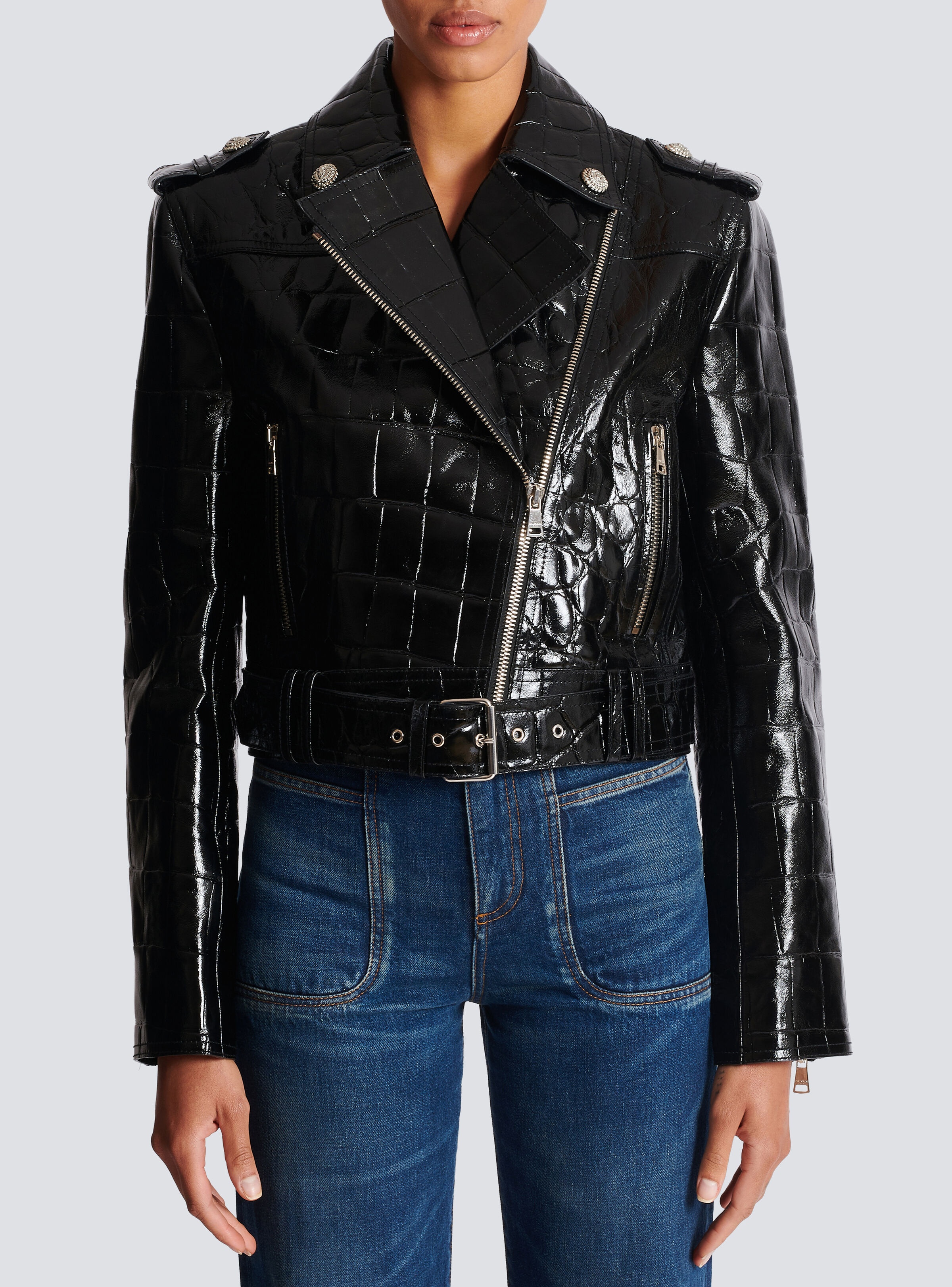 Crocodile-effect leather biker jacket - 5