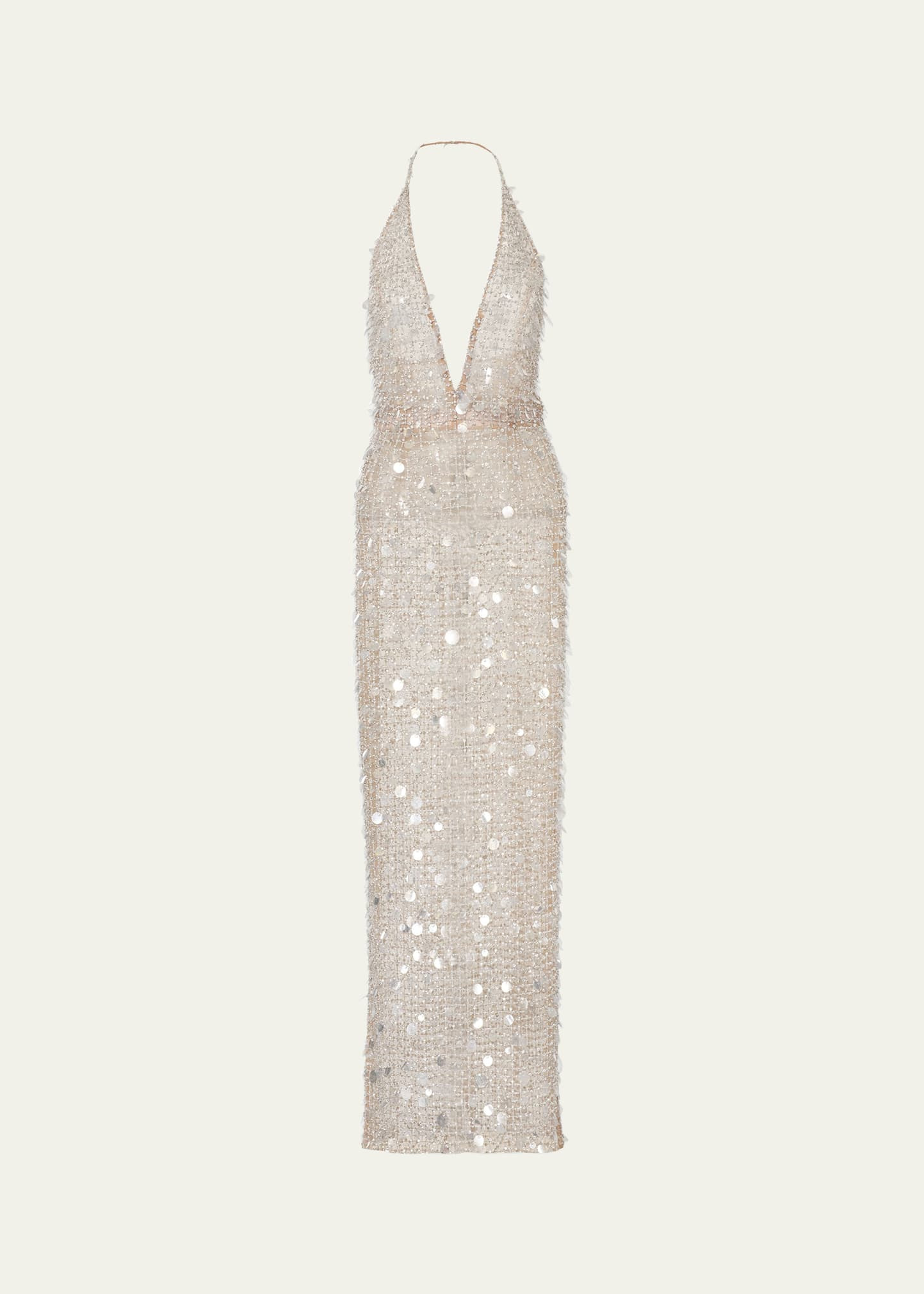 Embellished Plunging Halter Column Gown - 1