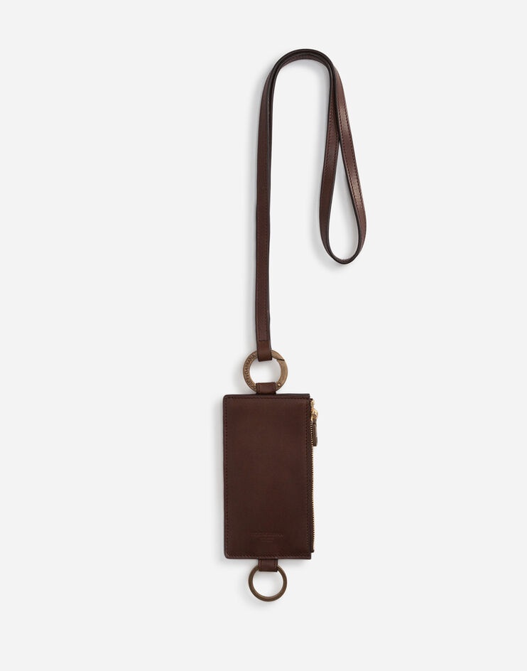 Cowhide card holder with crossbody strap and heat-stamped logo - 1