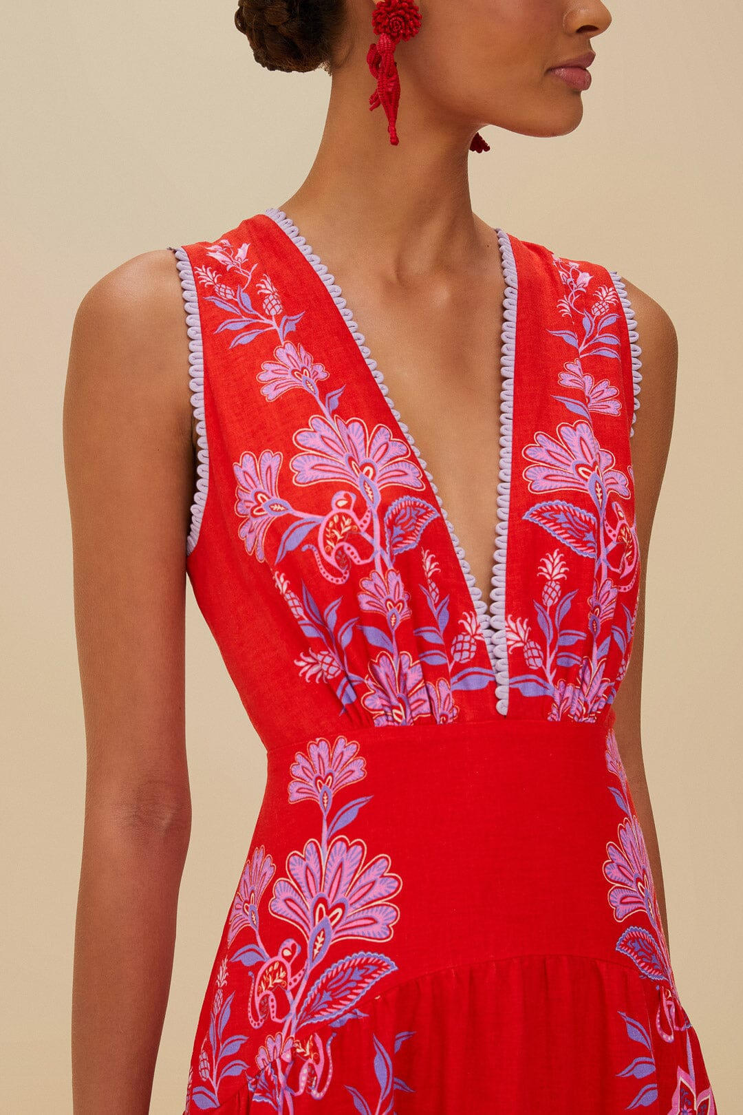 Red Porcelain Garden Euroflax™ Premium Linen Midi Dress - 2