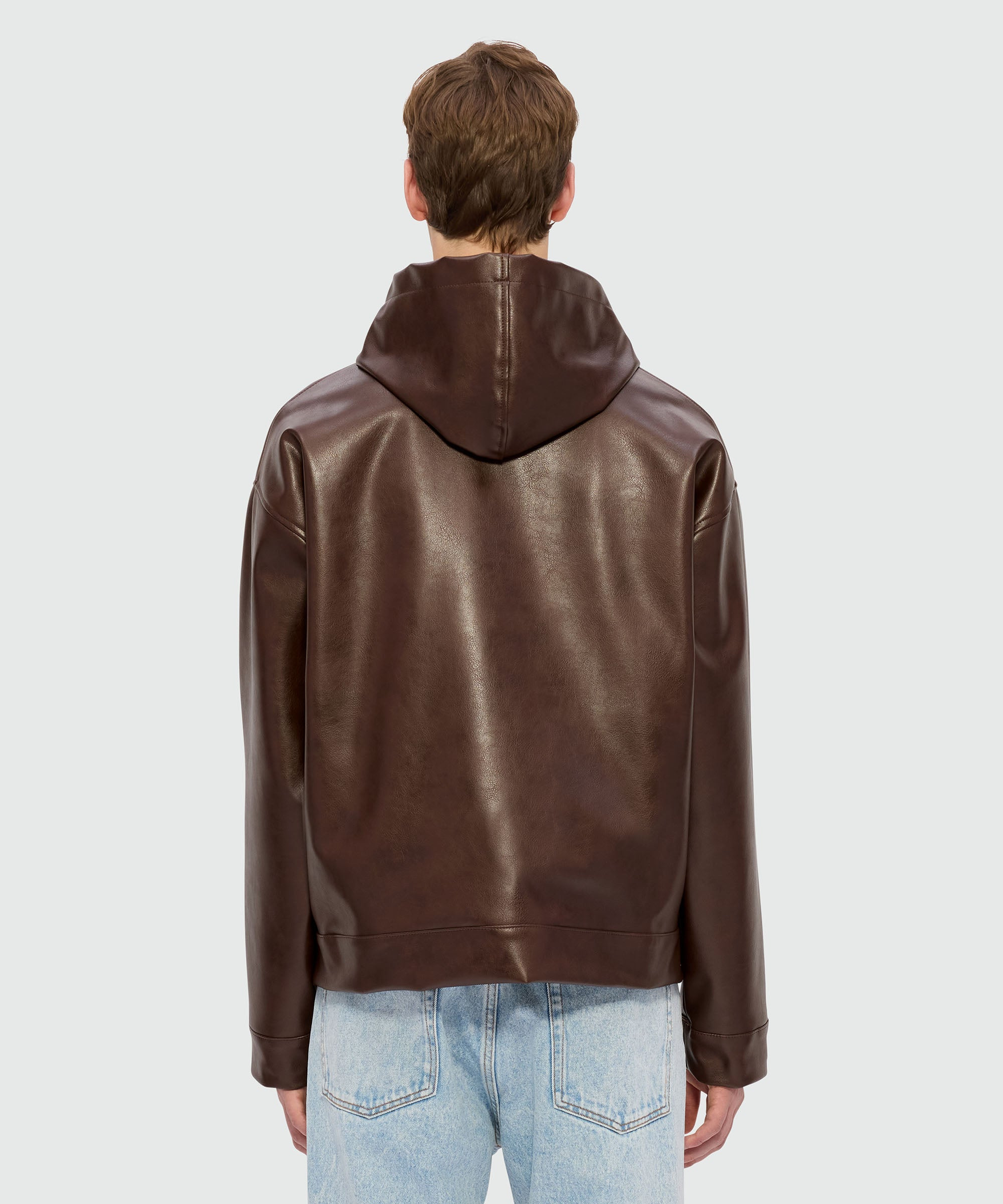 Brown textured faux leather hooded jacket - 3