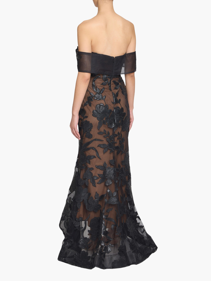Marchesa LEATHER GUIPURE FITTED OFF SHOULDER HI-LO GOWN outlook