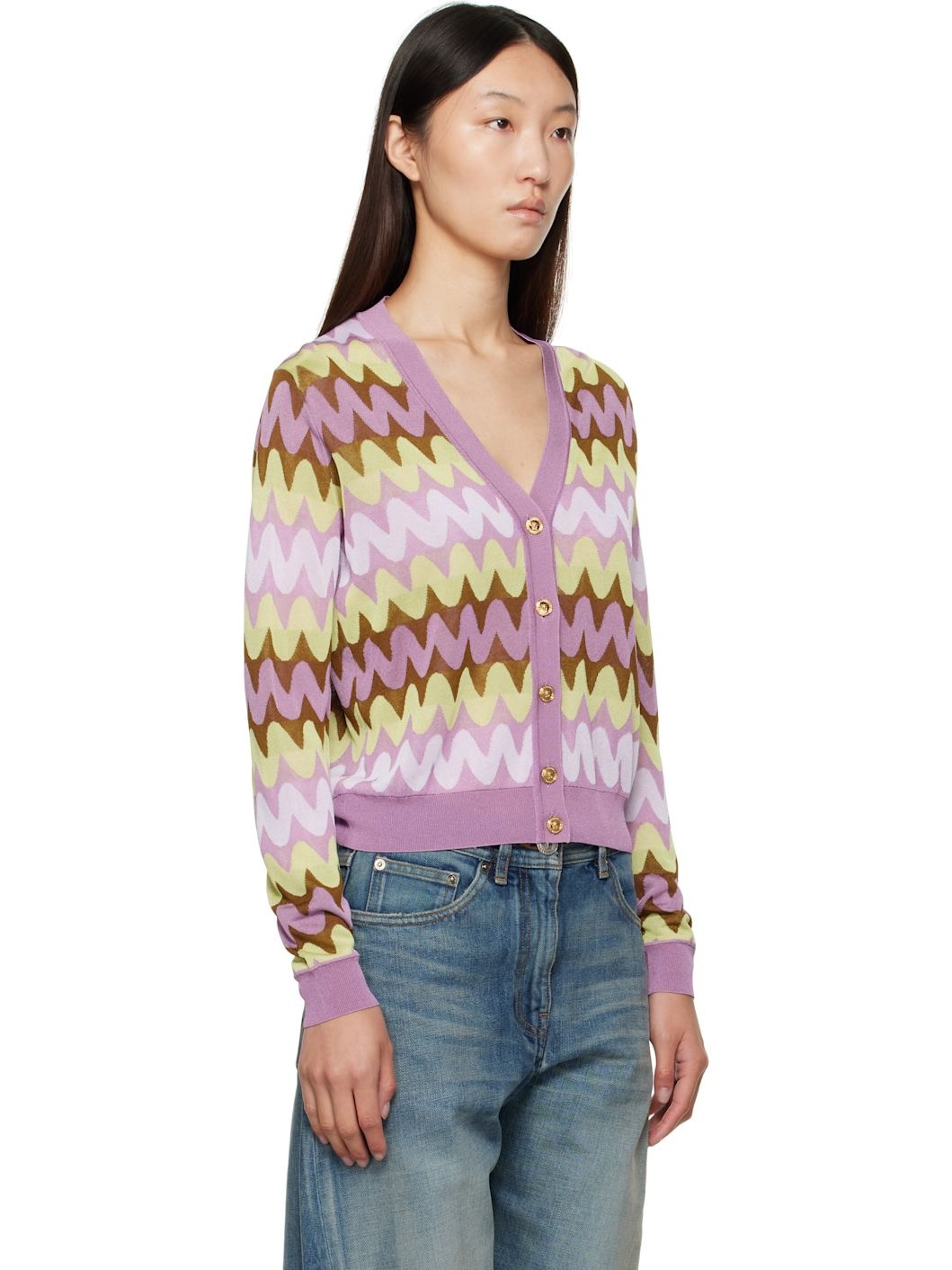 Multicolor Wave Jacquard Knit Cardigan - 2