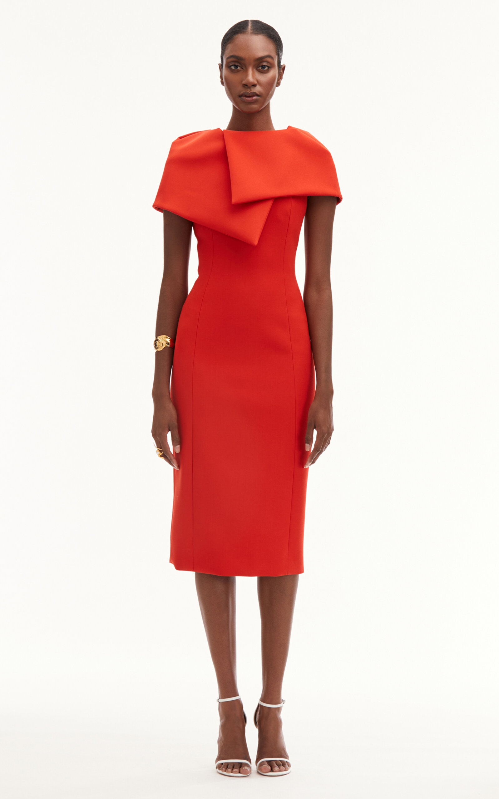 Draped Neck Bonded Wool Tailoring Dress orange - 3