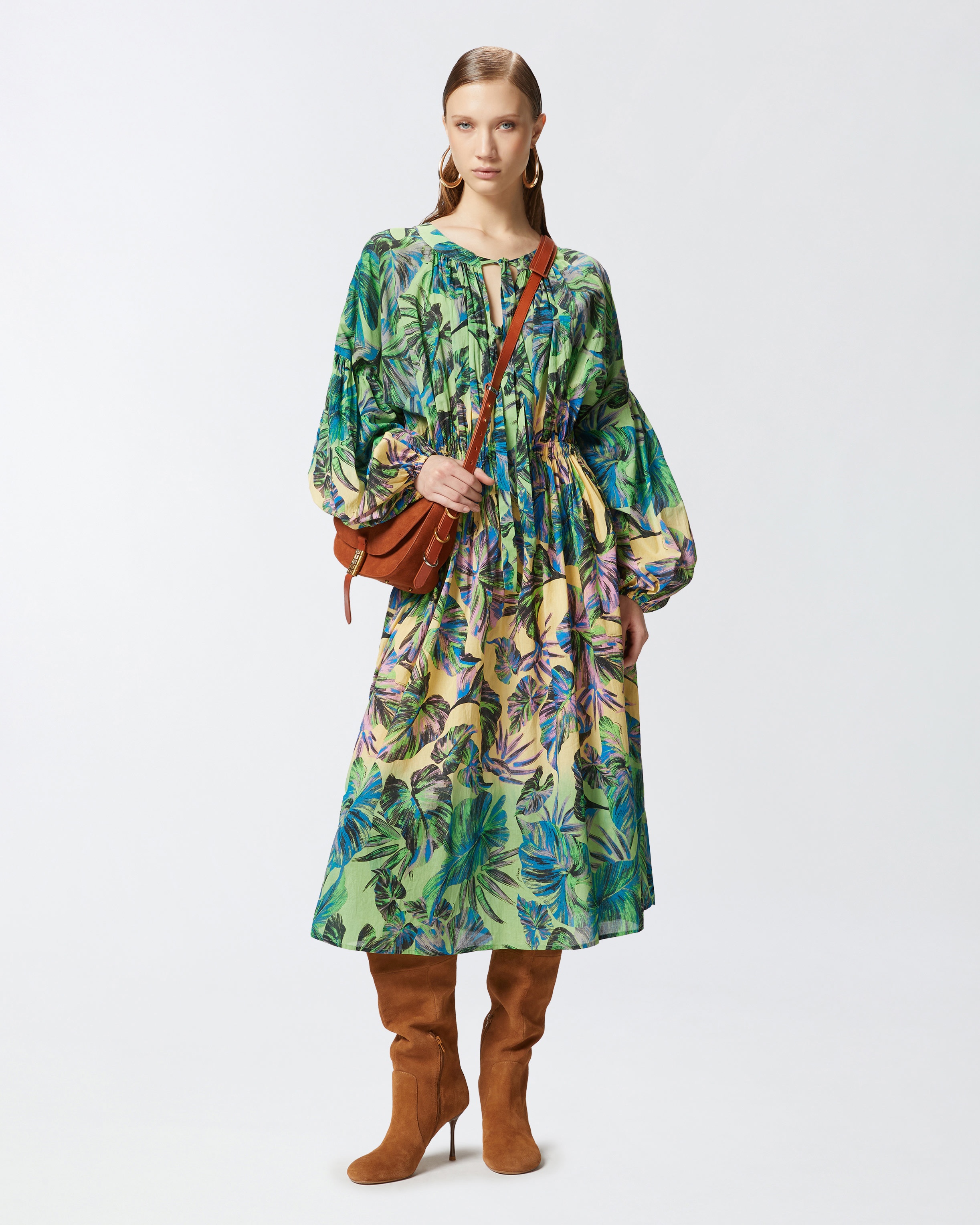 WIDE MIDI DRESS WITH TROPICAL-LEAF MOTIF - 3