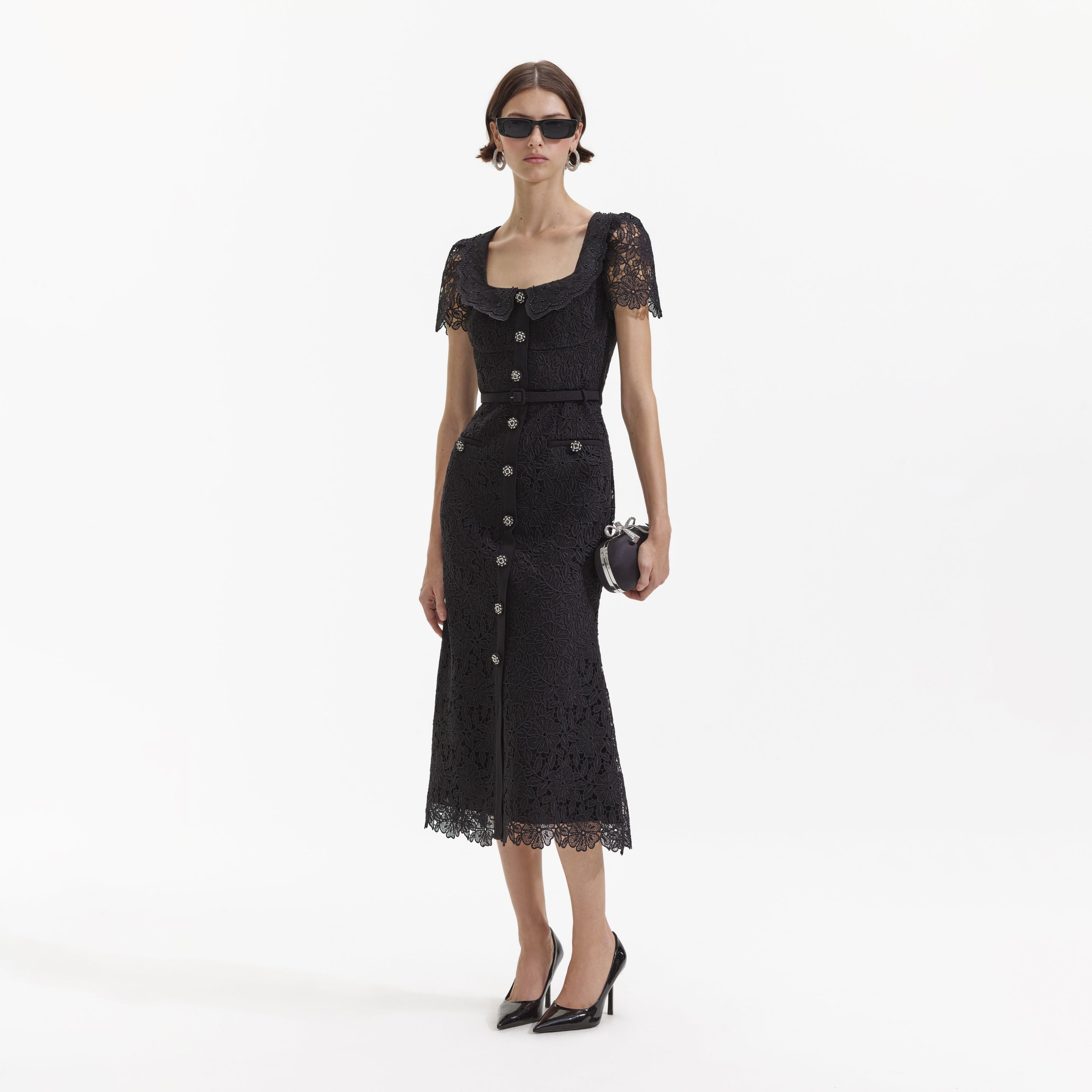 Black Guipure Lace Button Midi Dress - 2