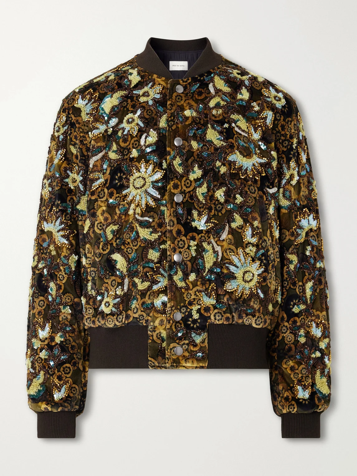 Embellished Printed Velvet Bomber Jacket - 1