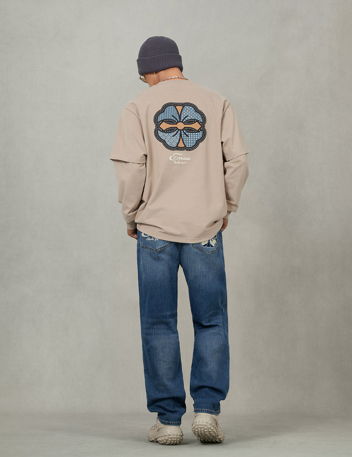Sashiko-style Kamon Print Fashion Fit 2-in-1 Design Long-sleeve T-shirt - 6