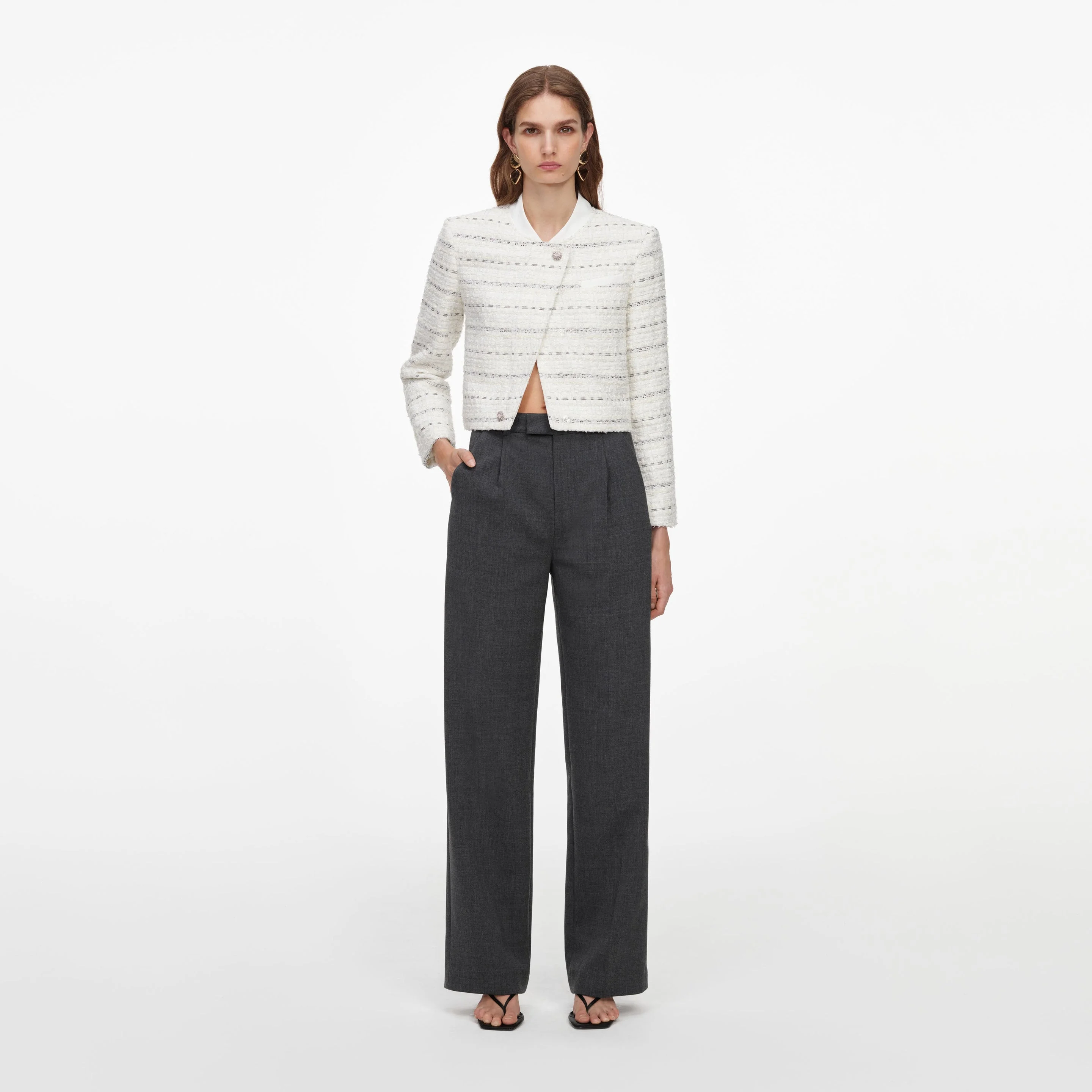 White Boucle Boxy Jacket - 1