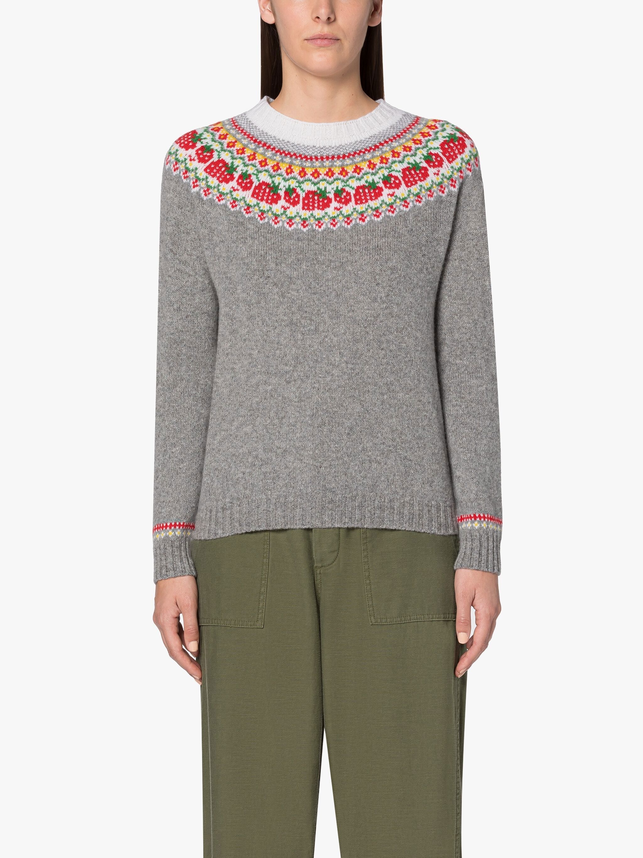 KELSI FLANNEL GREY WOOL FAIR ISLE CREWNEK SWEATER - 3