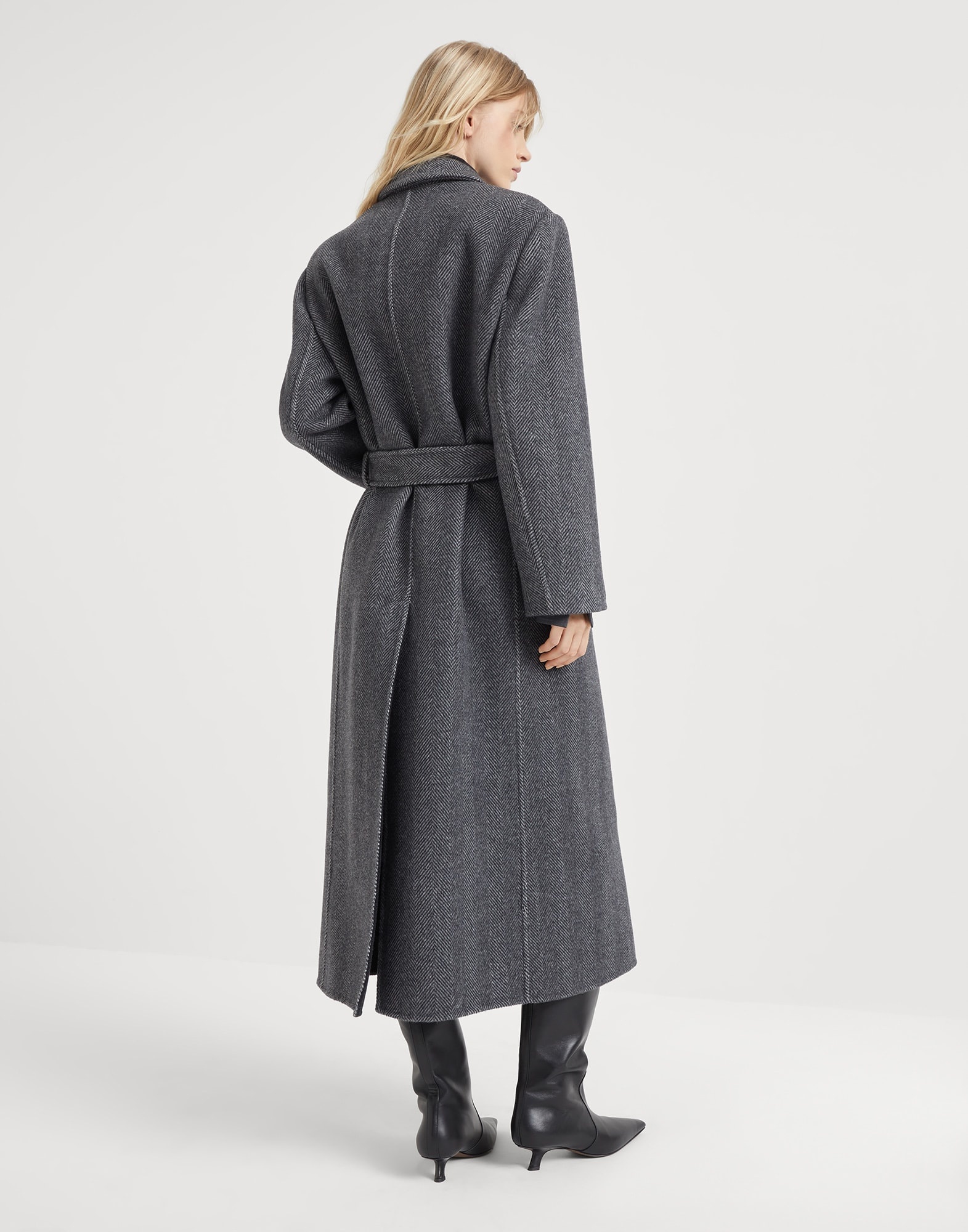 Hand-crafted virgin wool and cashmere double chevron cloth coat with monili - 2