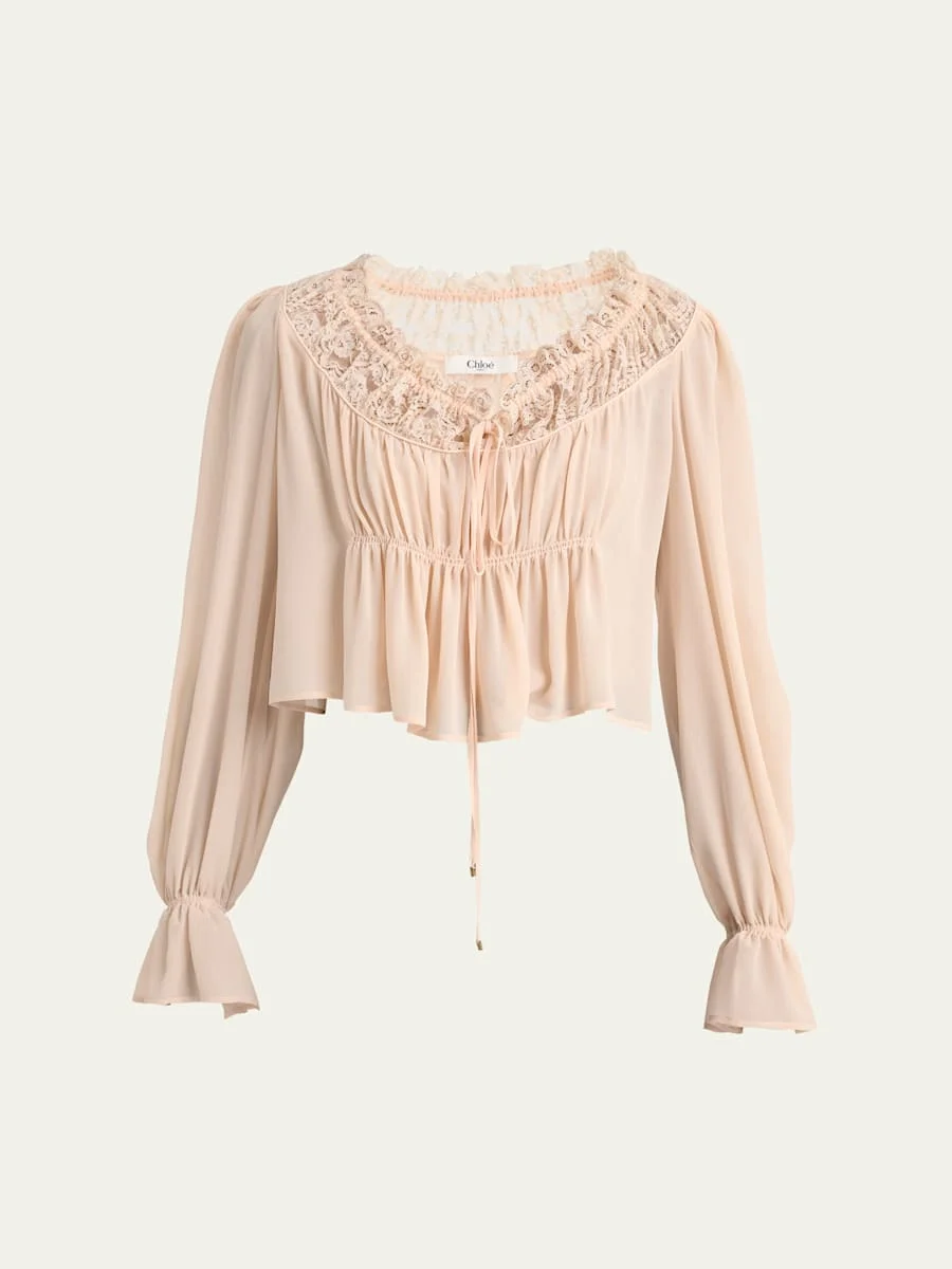 Ruched Lace Silk Peasant Blouse - 1