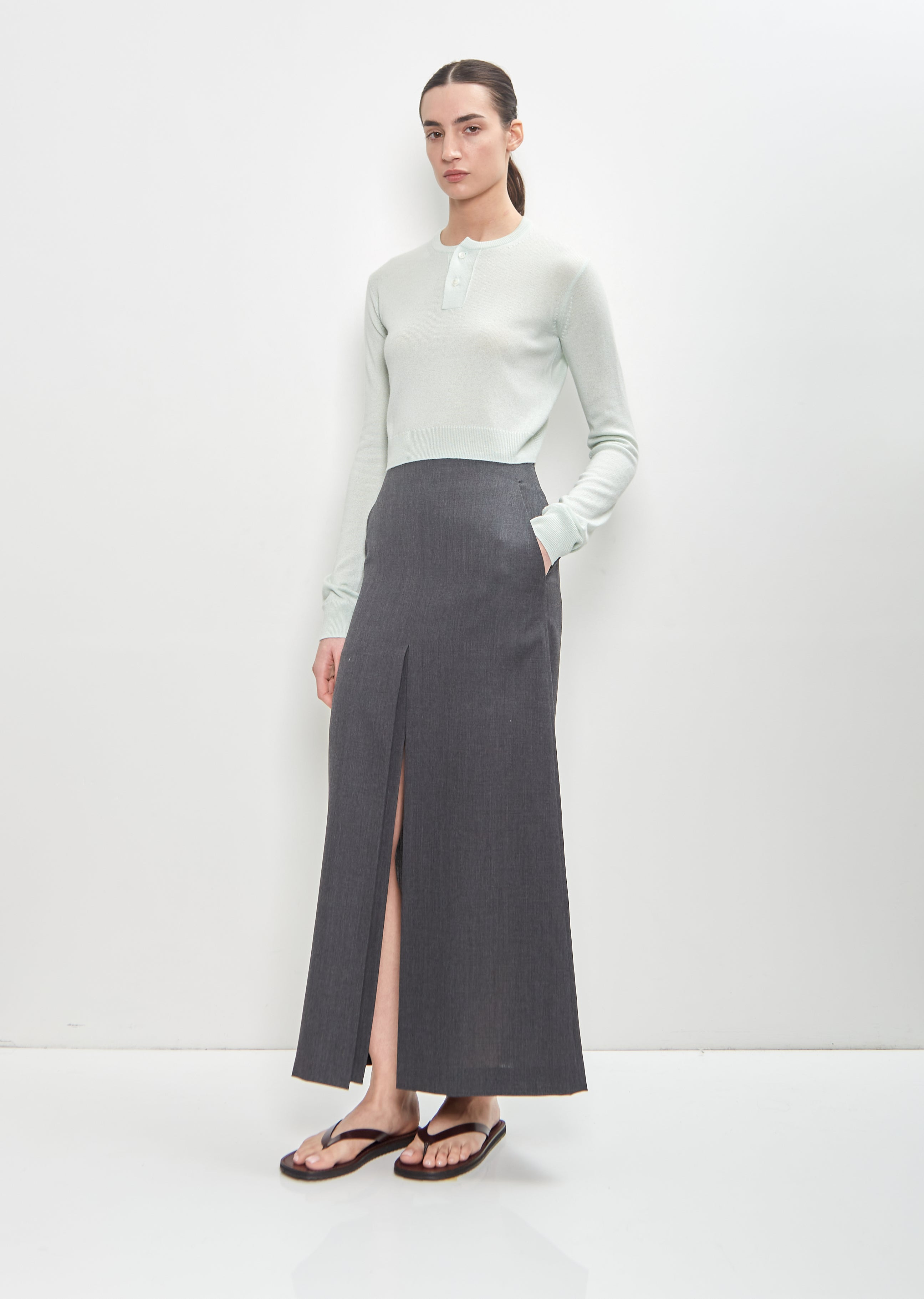 Super Fine Cashmere Silk Knit Henley — White Green - 4