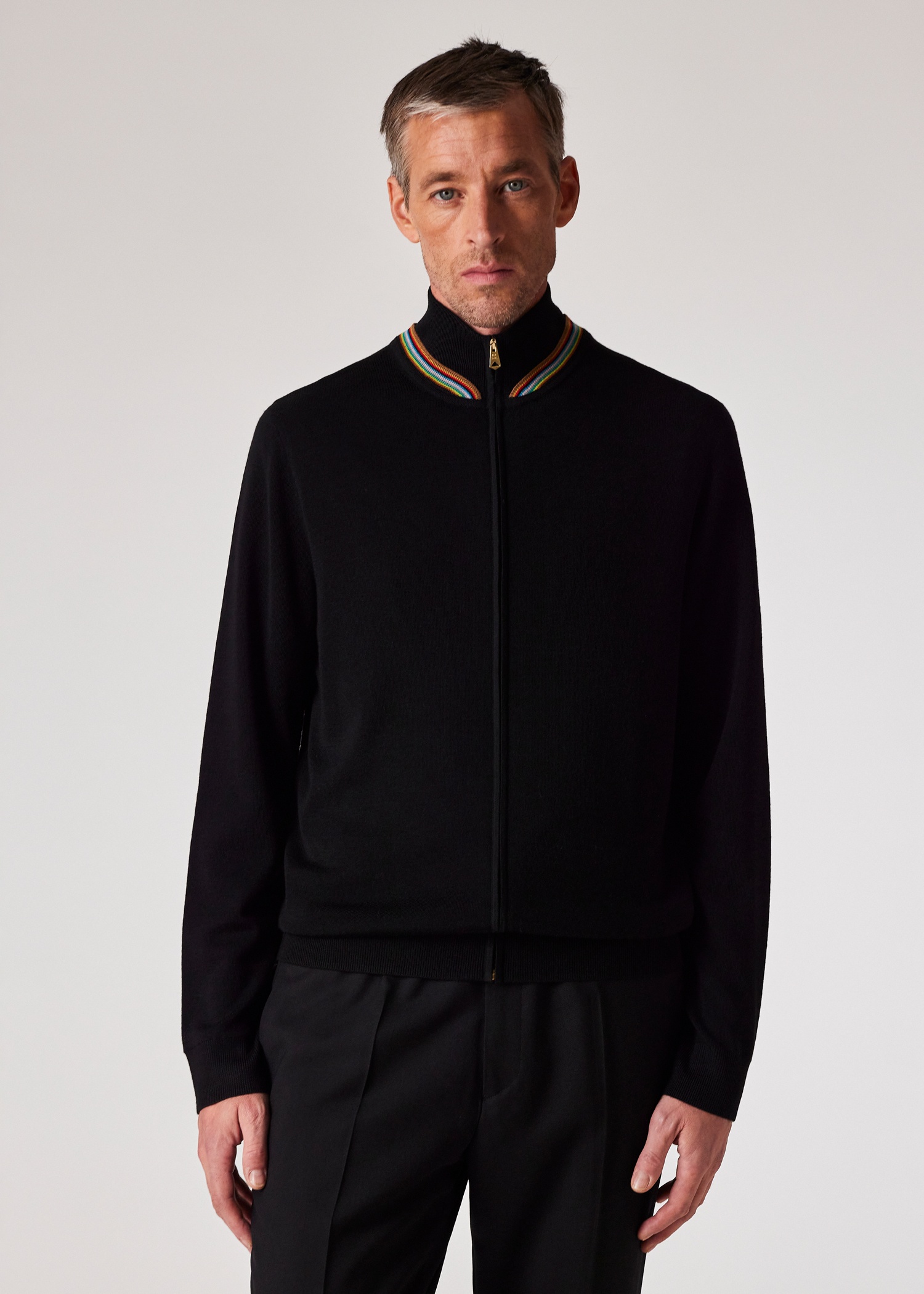 Black Merino Wool Full-Zip Cardigan With 'Signature Stripe' Trim - 3