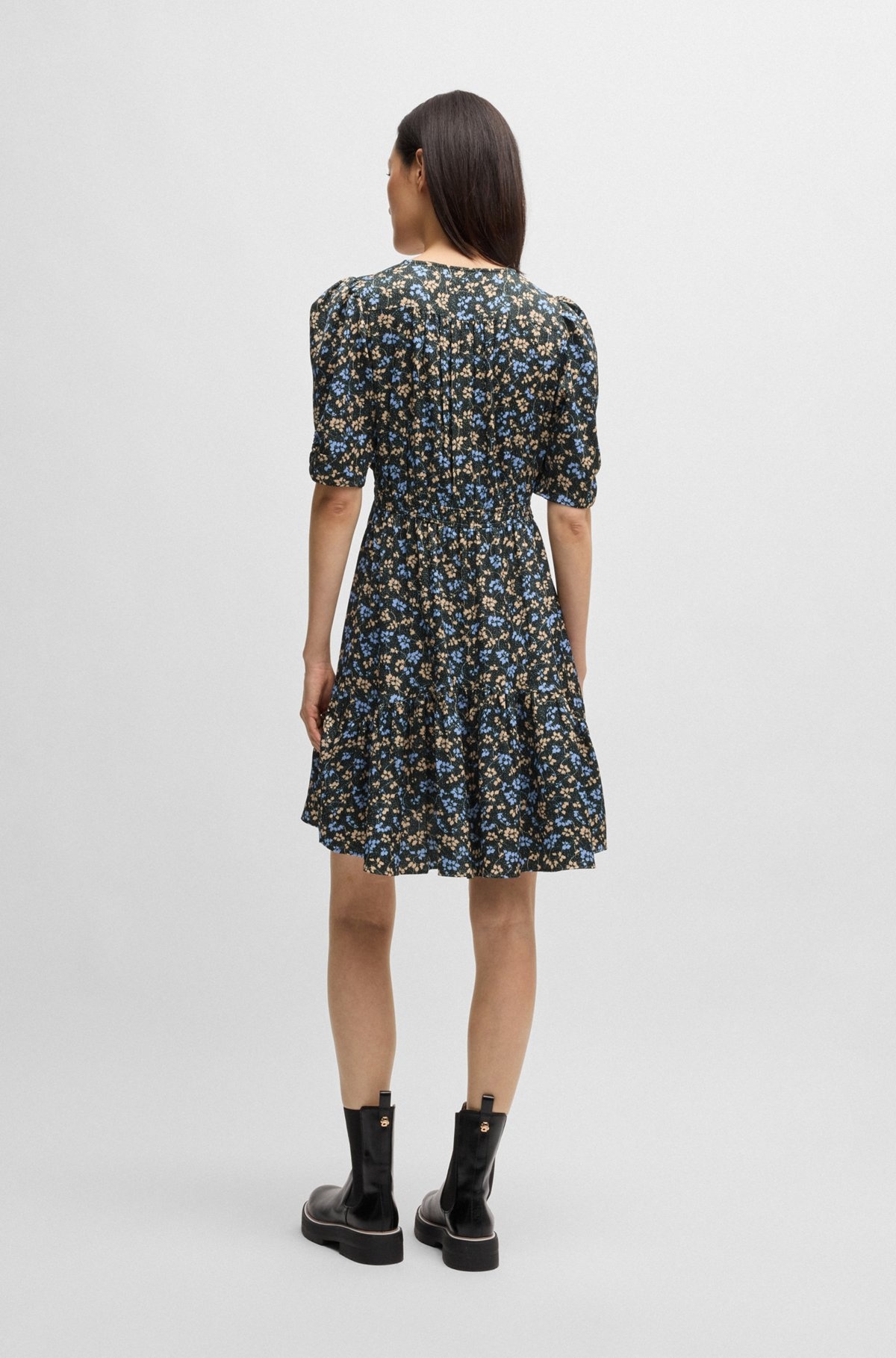 V-NECK DRESS IN PRINTED SATIN WITH GATHERED SLEEVES - 4