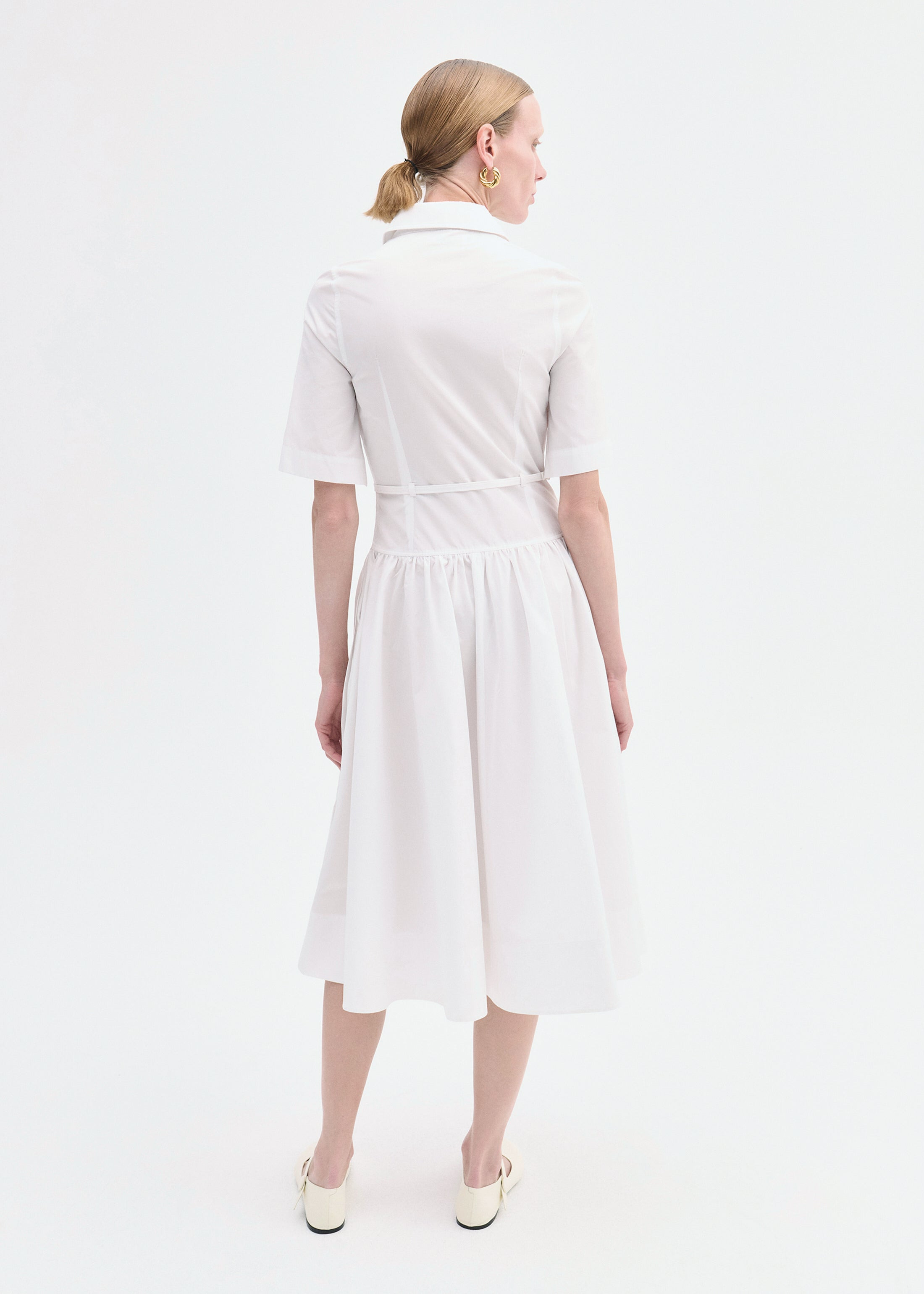 Short Sleeve Belted Dress in Cotton Poplin - 4