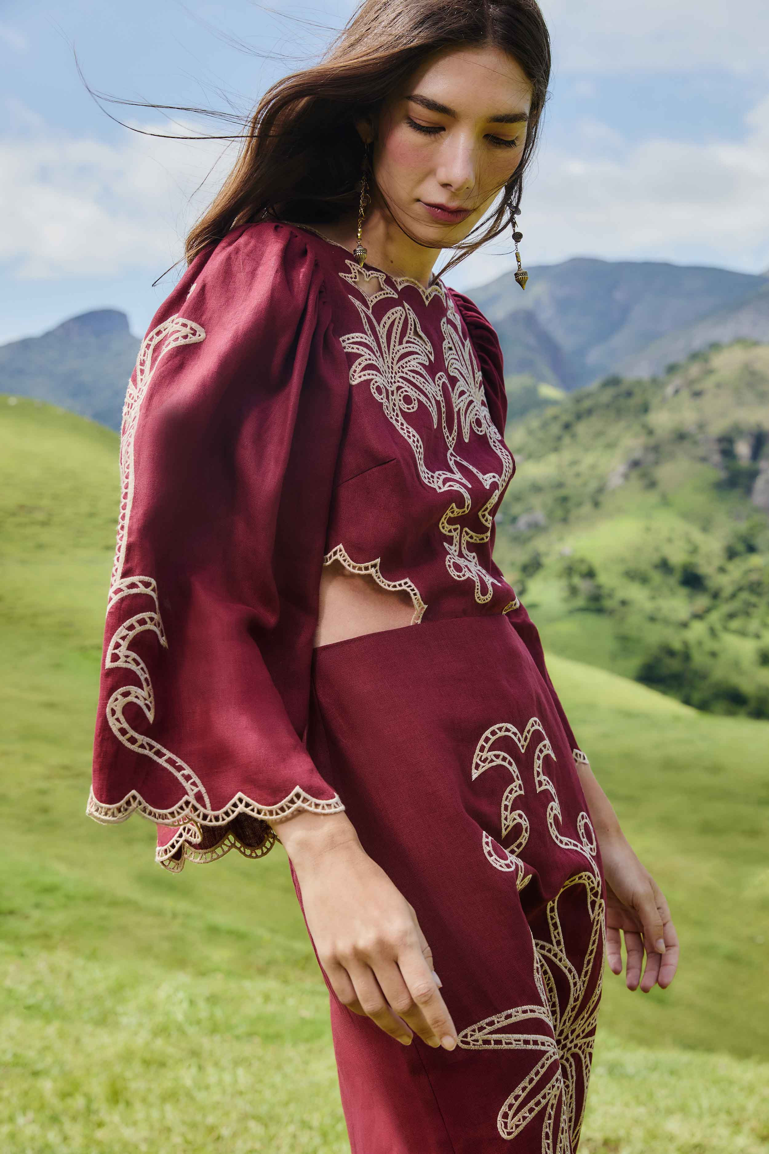 Red Artisanal Cut-Out Embroidered Euroflax™ Premium Linen Maxi Dress - 4