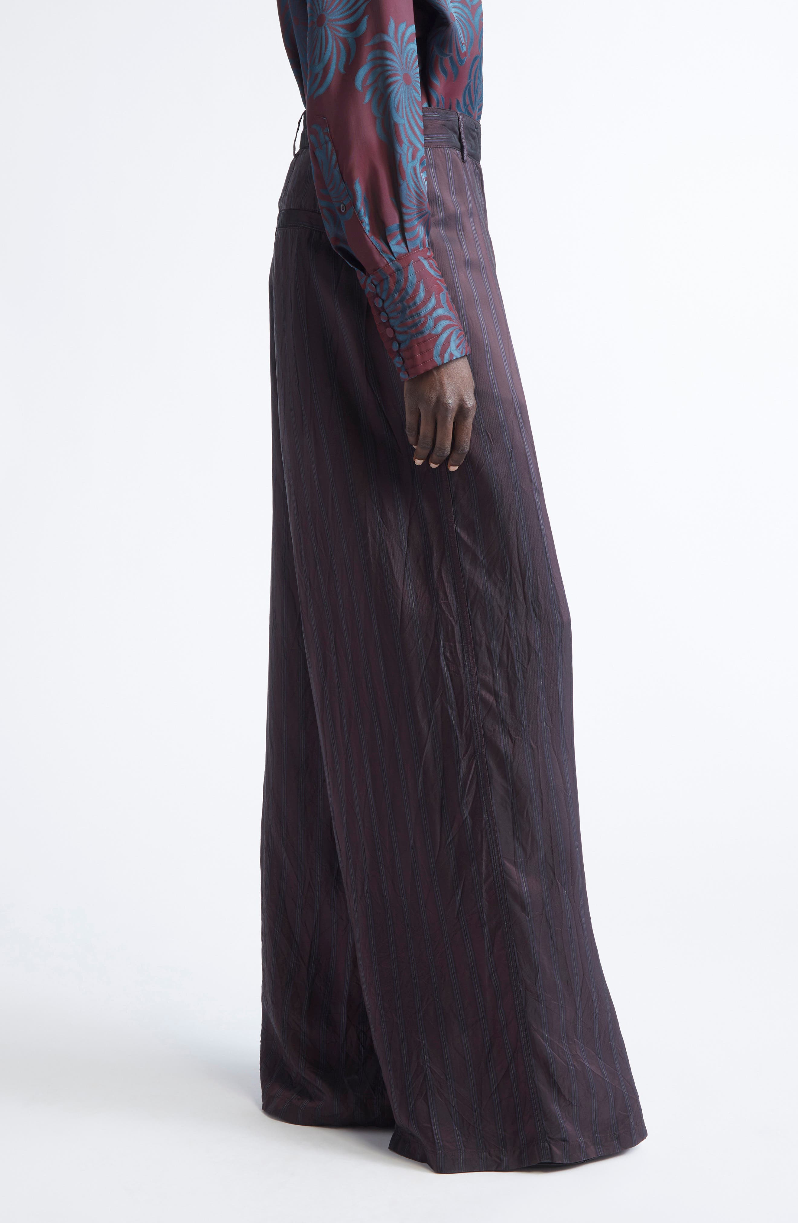 Dries Van Noten Peen Crinkled Stripe Cupro Wide Leg Pants in Burgundy at Nordstrom - 4