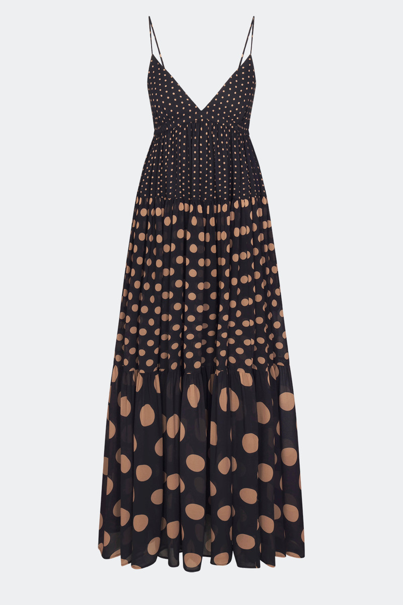 SIMONMILLER Romi Chiffon Maxi Dress In Black/Tan Polka Dot outlook
