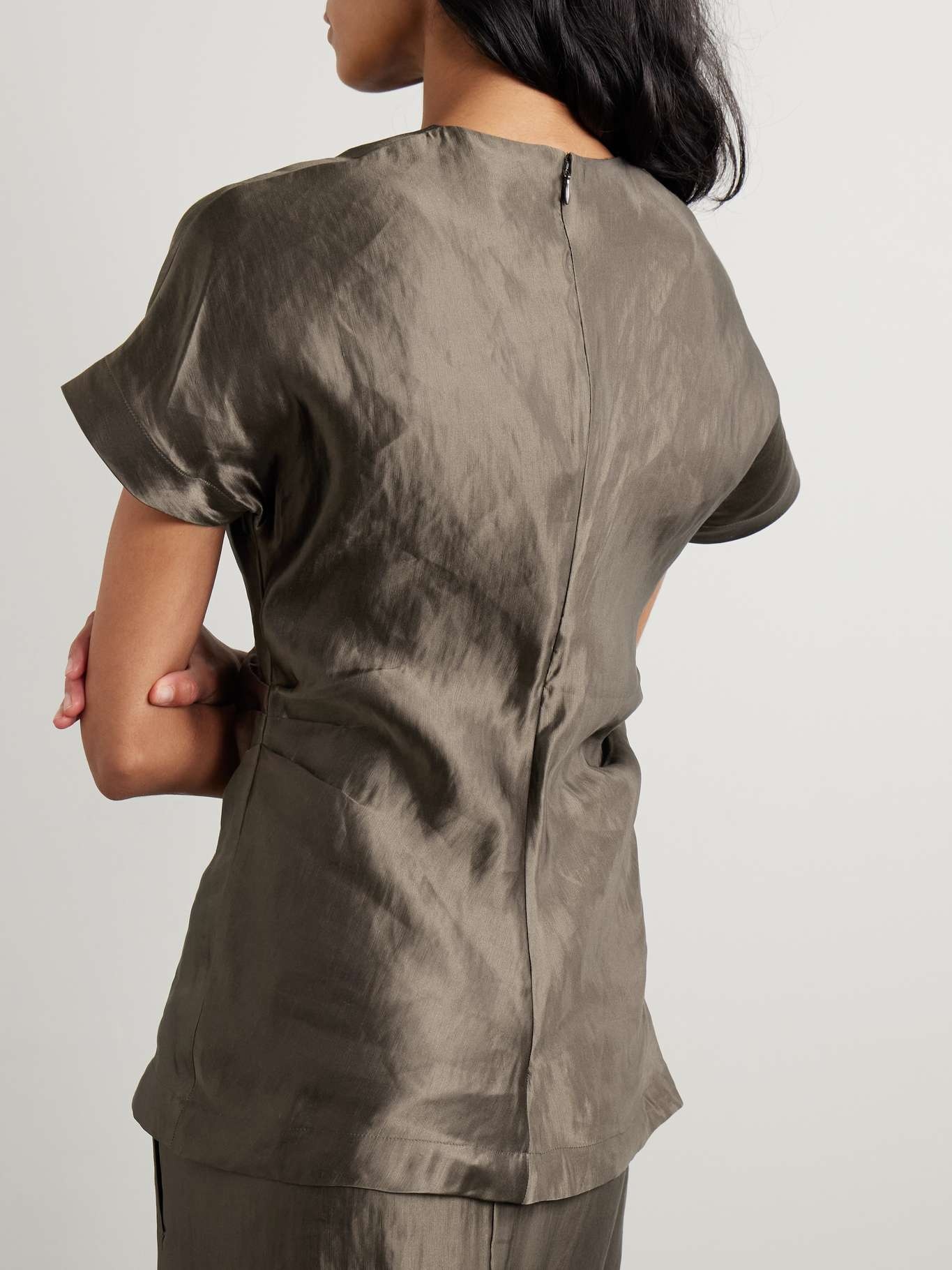 Draped linen and silk-blend satin blouse Taupe - 3