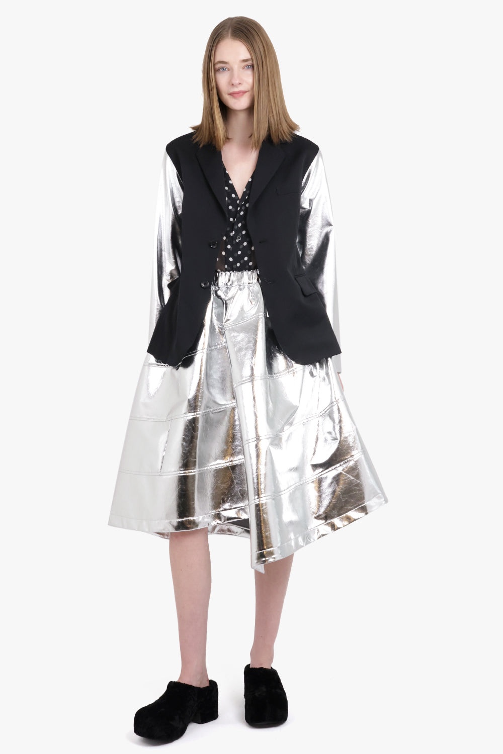 CONTRAST SUIT X PVC LEATHER BLAZER JACKET | BLACK/SILVER - 3